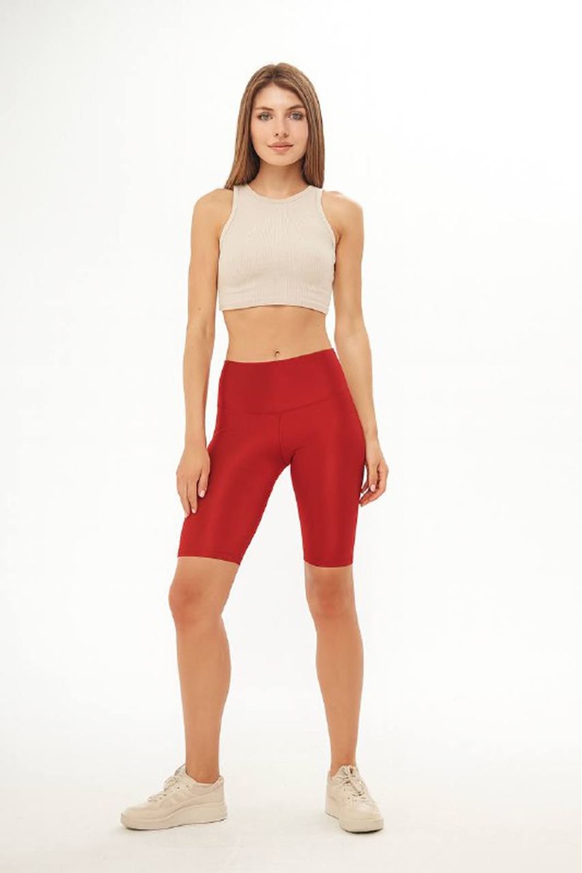 Kadın Yüksek Bel Basic Kırmızı Parlak Biker Mini Tayt