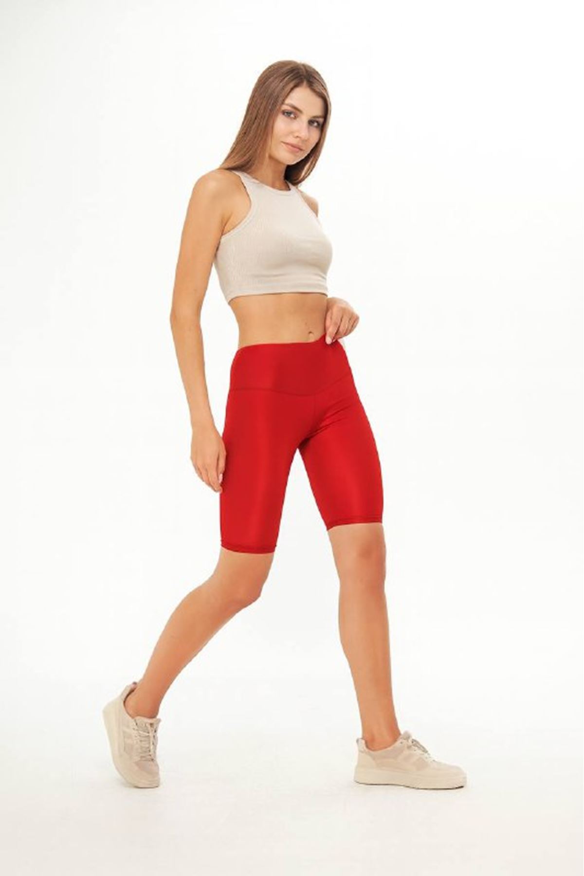 Kadın Yüksek Bel Basic Kırmızı Parlak Biker Mini Tayt