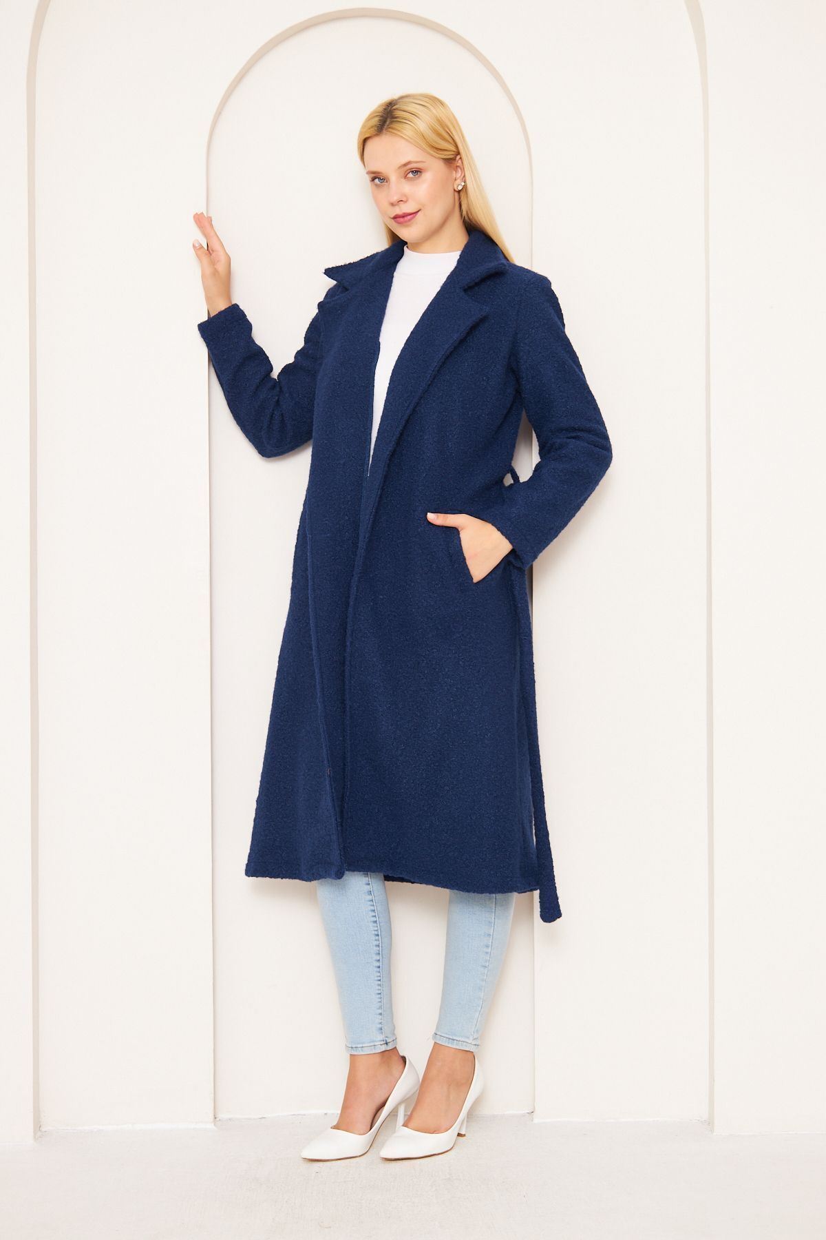 Kadın Yün Karışımlı Astarsız Buklet Kaban