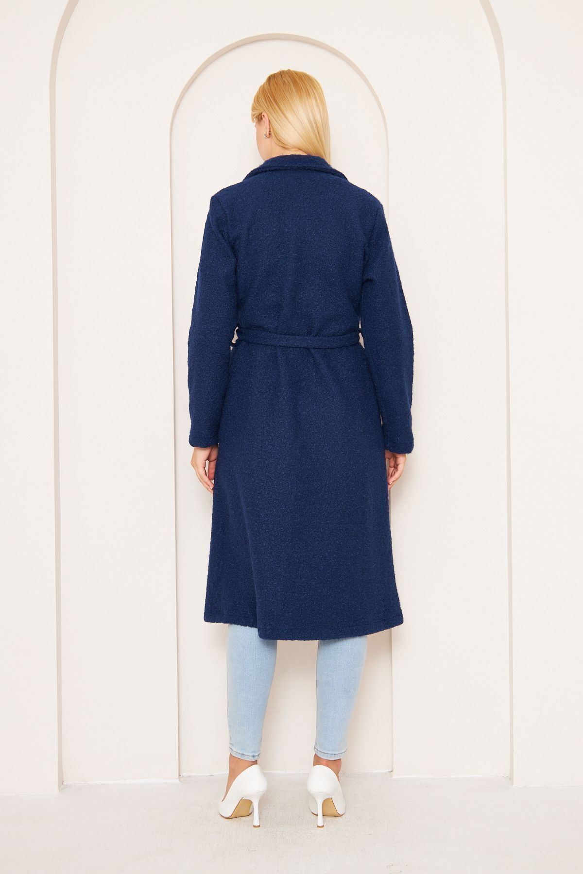 Kadın Yün Karışımlı Astarsız Buklet Kaban