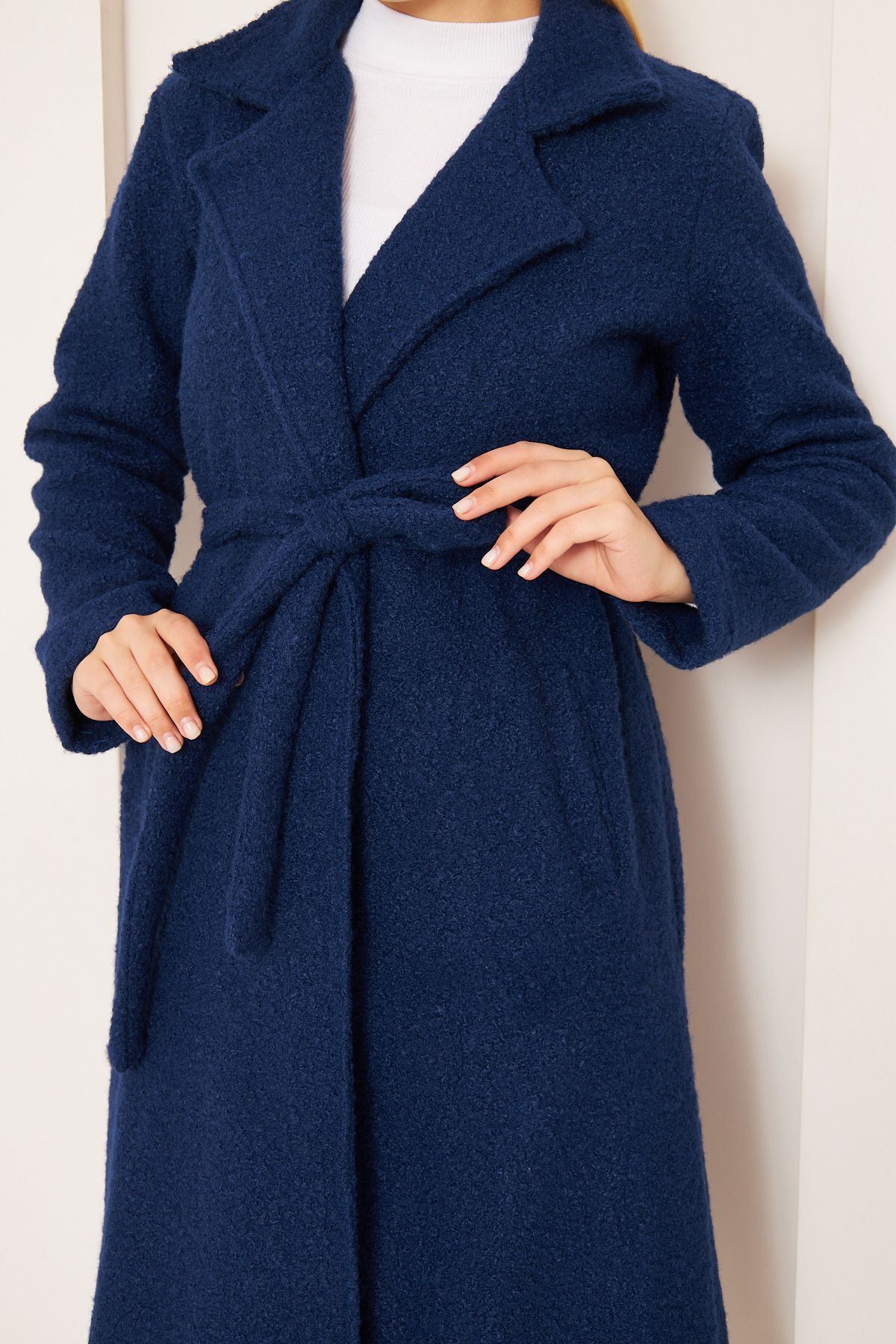 Kadın Yün Karışımlı Astarsız Buklet Kaban