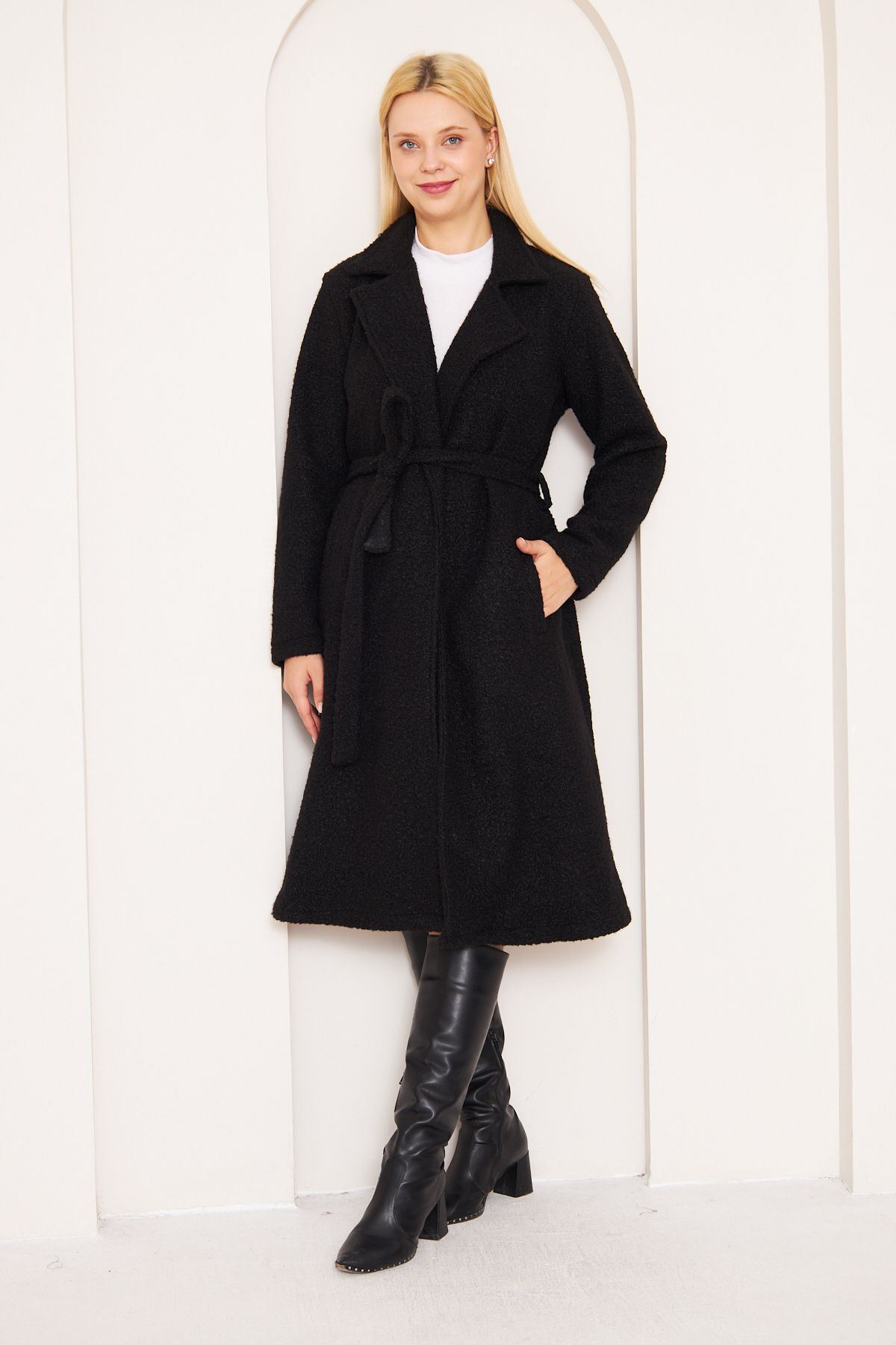 Kadın Yün Karışımlı Astarsız Buklet Kaban