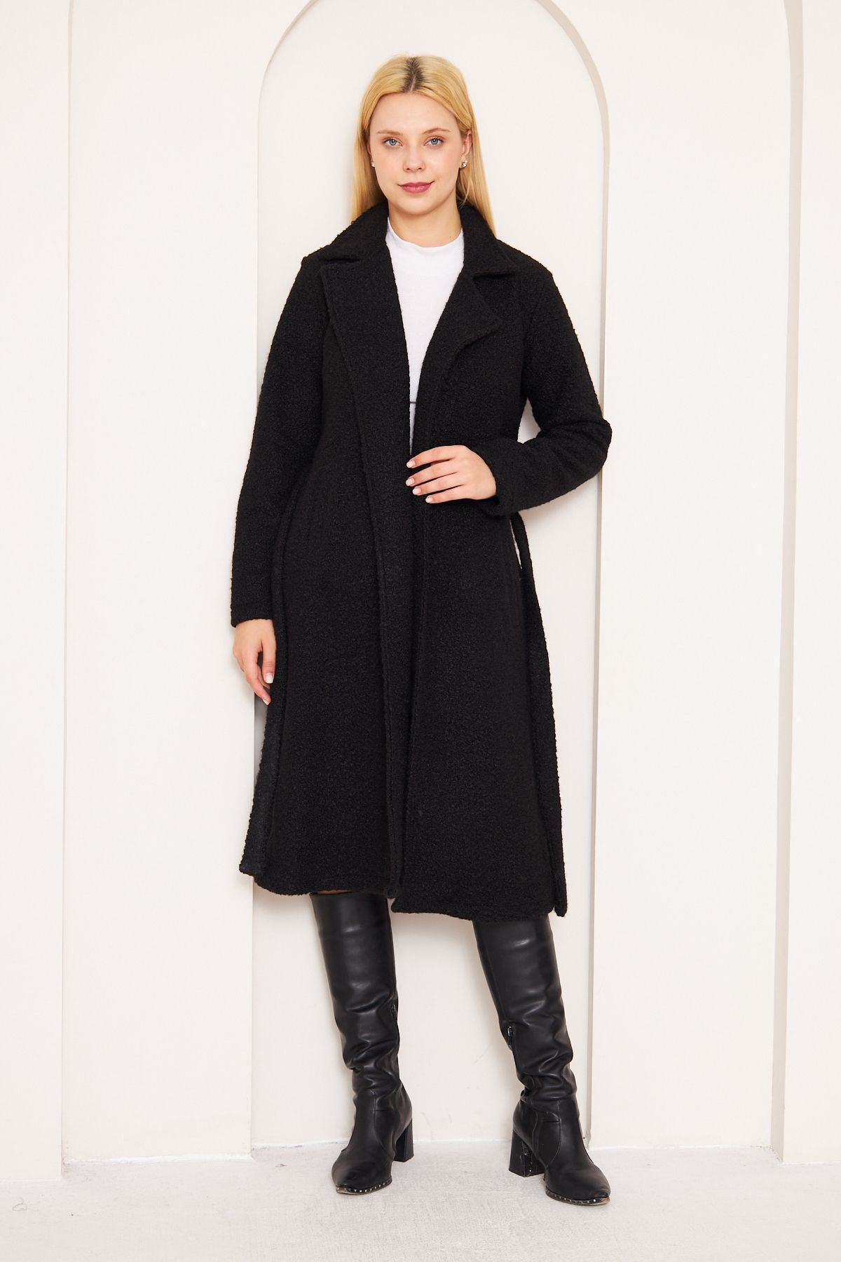 Kadın Yün Karışımlı Astarsız Buklet Kaban