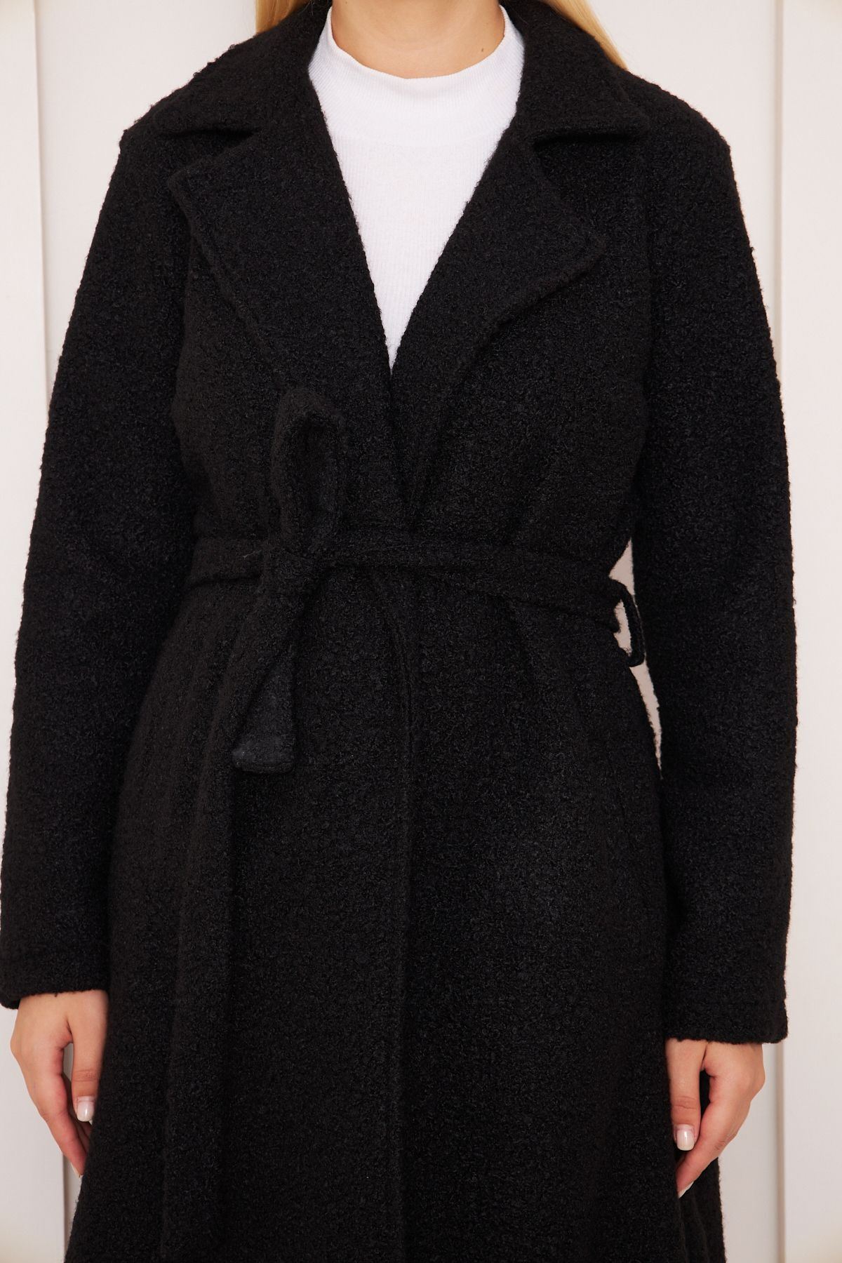 Kadın Yün Karışımlı Astarsız Buklet Kaban