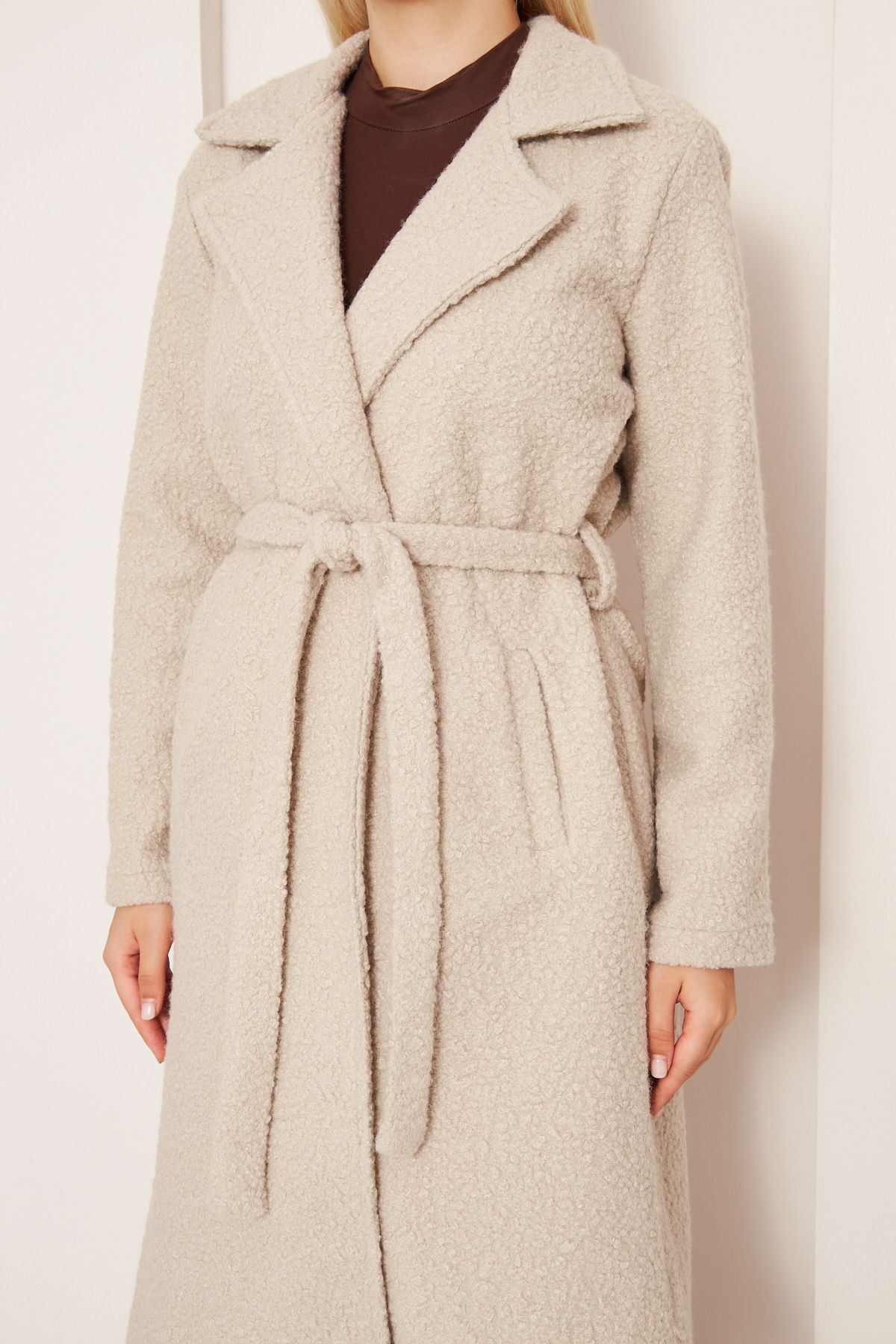 Kadın Yün Karışımlı Astarsız Buklet Kaban