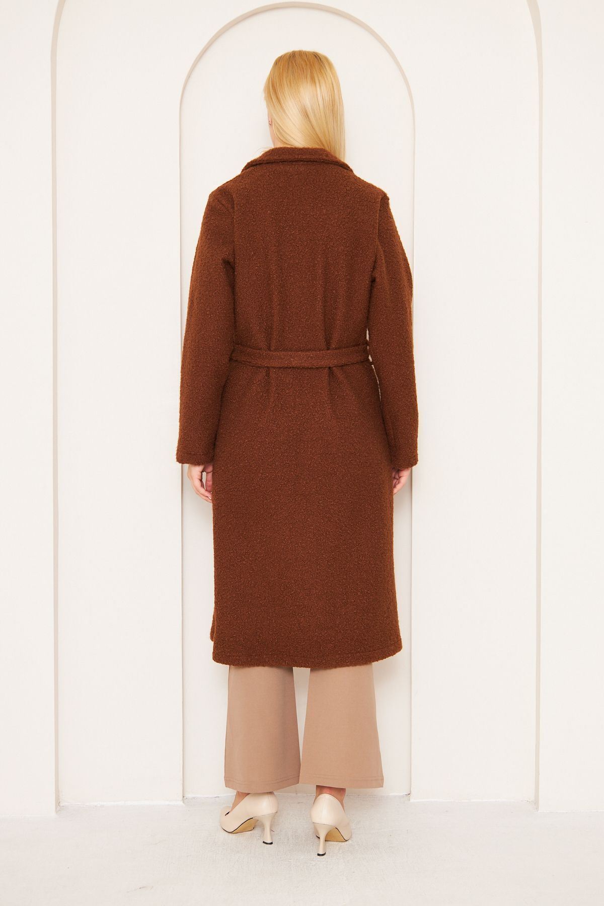 Kadın Yün Karışımlı Astarsız Buklet Kaban