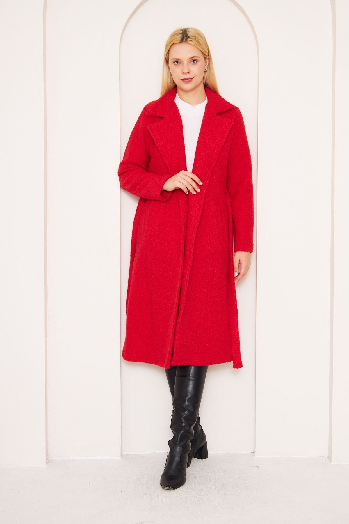 Kadın Yün Karışımlı Astarsız Buklet Kaban