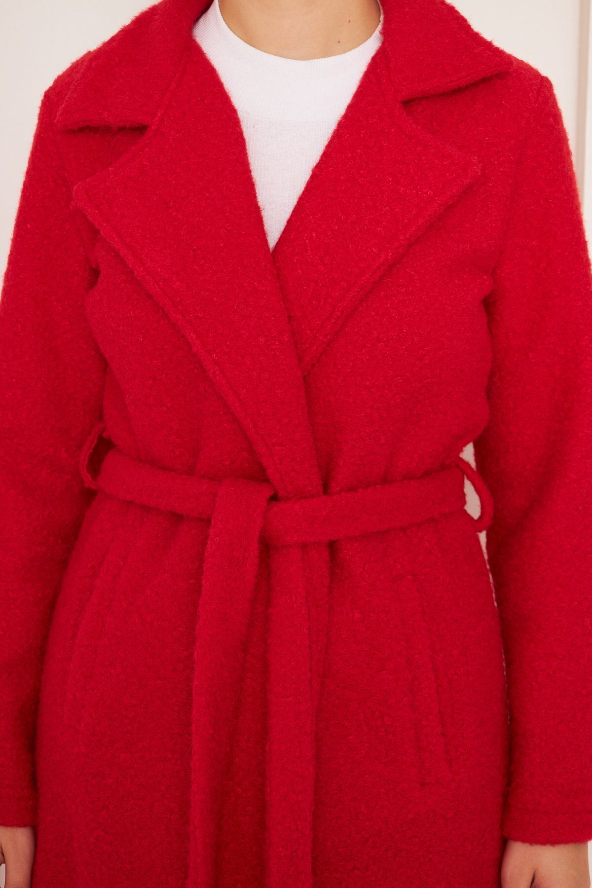 Kadın Yün Karışımlı Astarsız Buklet Kaban