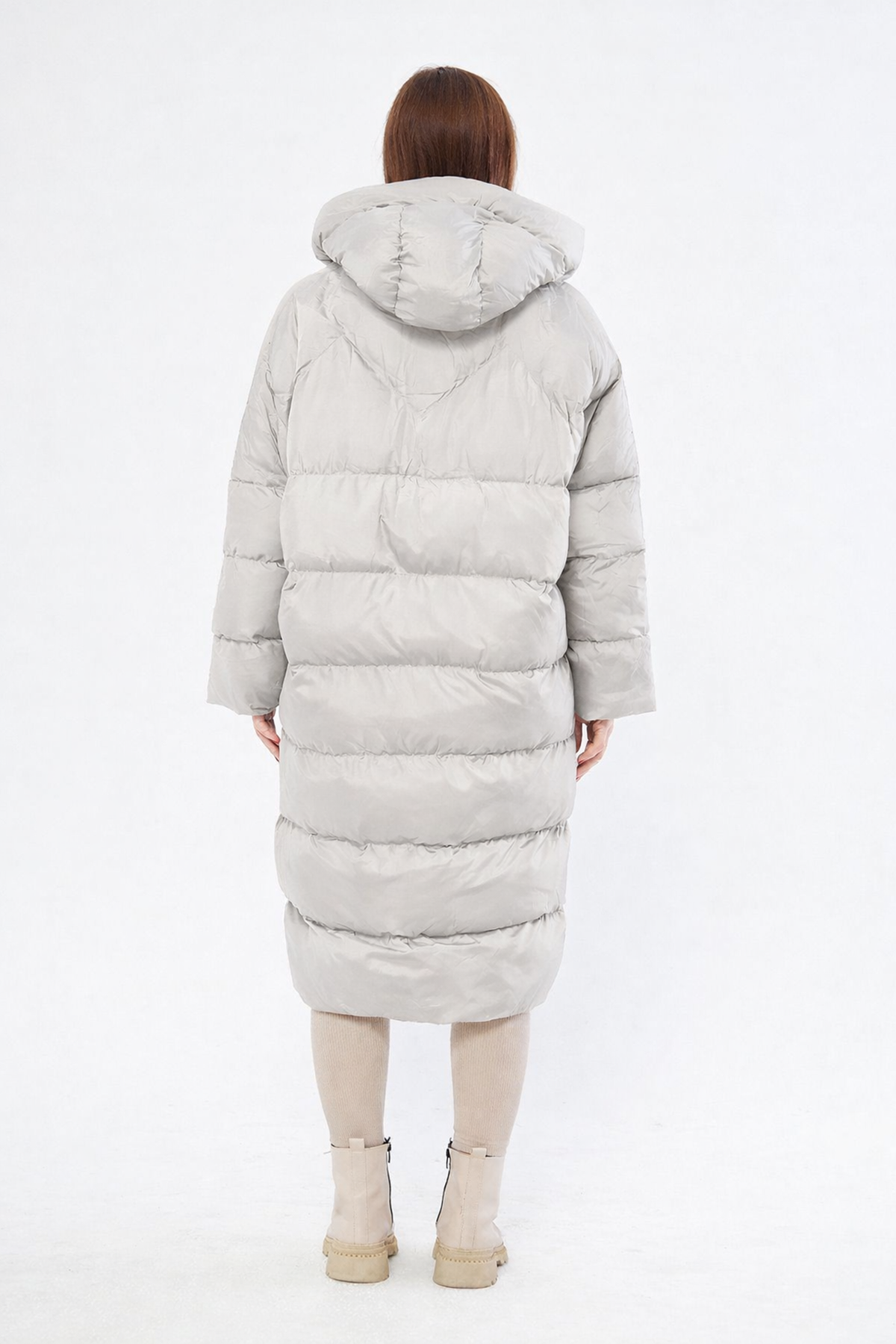 Kadın Gri Kapüşonlu Uzun Oversize Şişme Mont