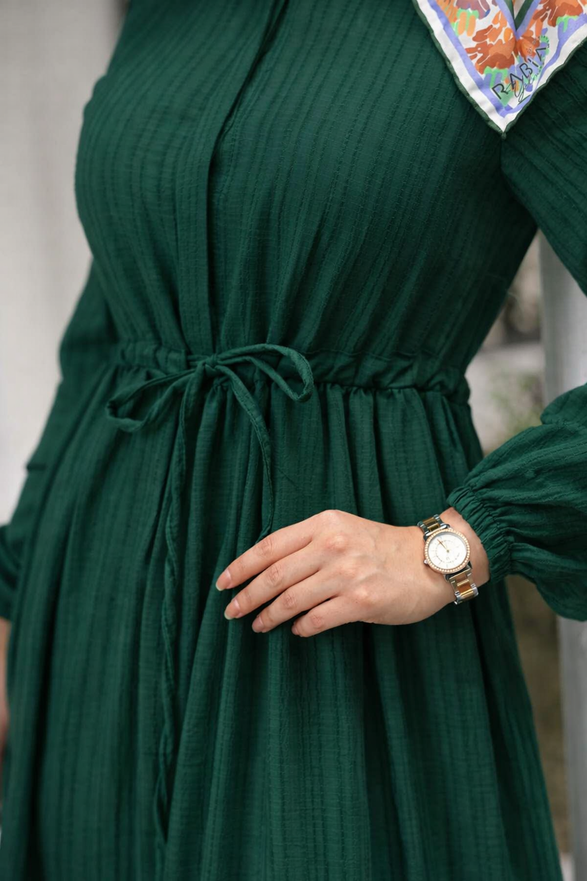 Kadın Uzun Kollu Büzgülü Tesettür K.Yeşil Uzun Elbise