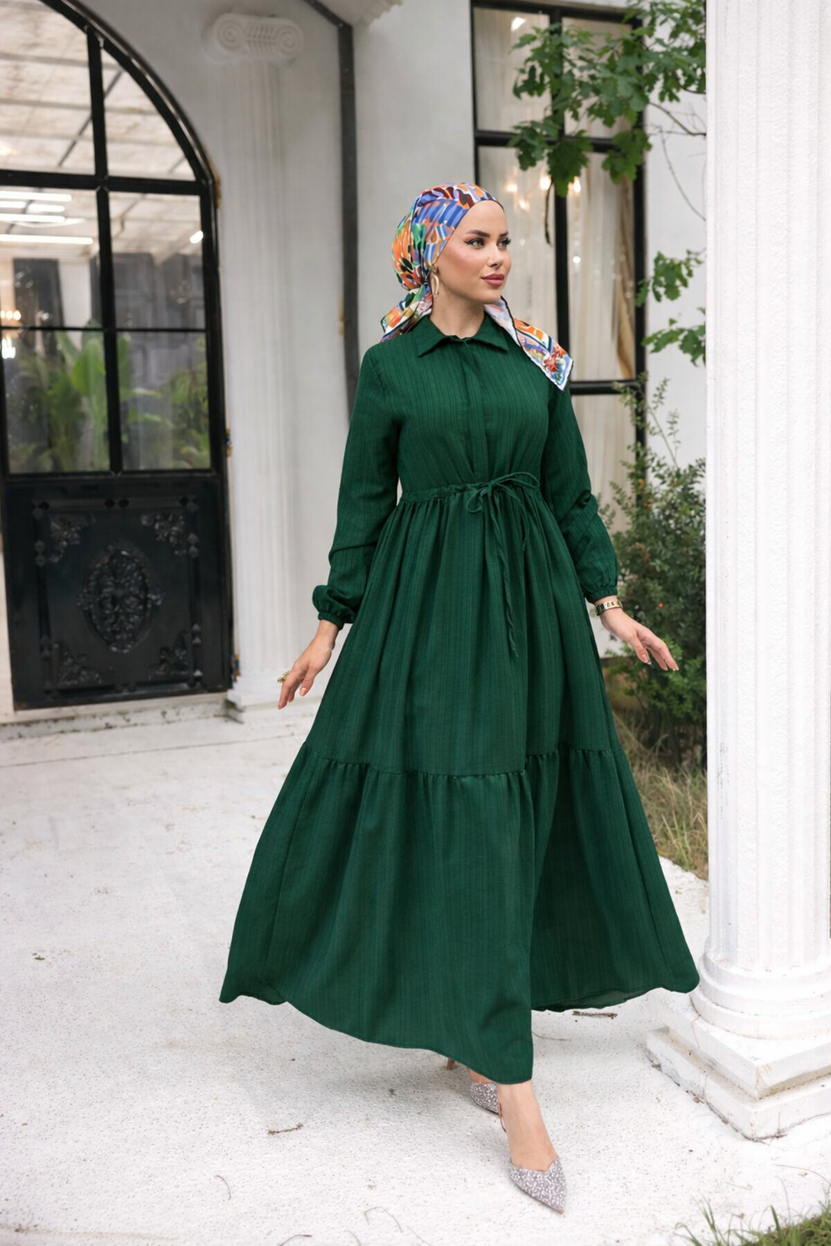 Kadın Uzun Kollu Büzgülü Tesettür K.Yeşil Uzun Elbise