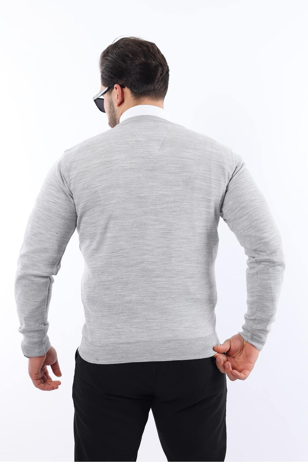 Erkek Trend V Yaka Günlük Beyaz Triko Kazak