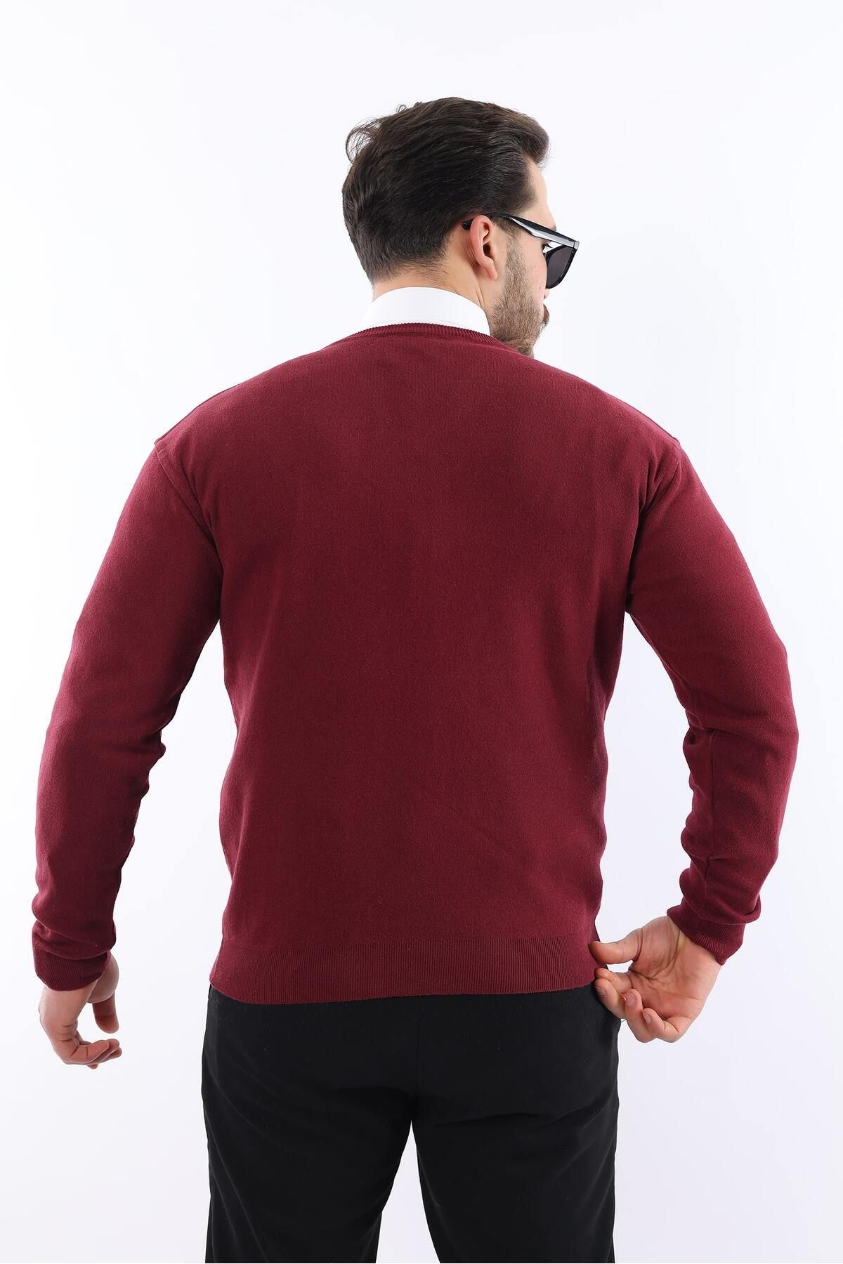 Erkek Trend V Yaka Günlük Bordo Triko Kazak
