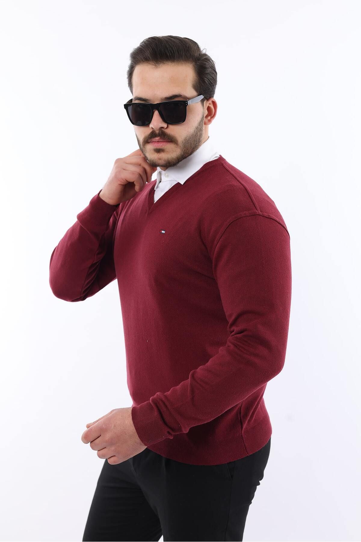Erkek Trend V Yaka Günlük Bordo Triko Kazak