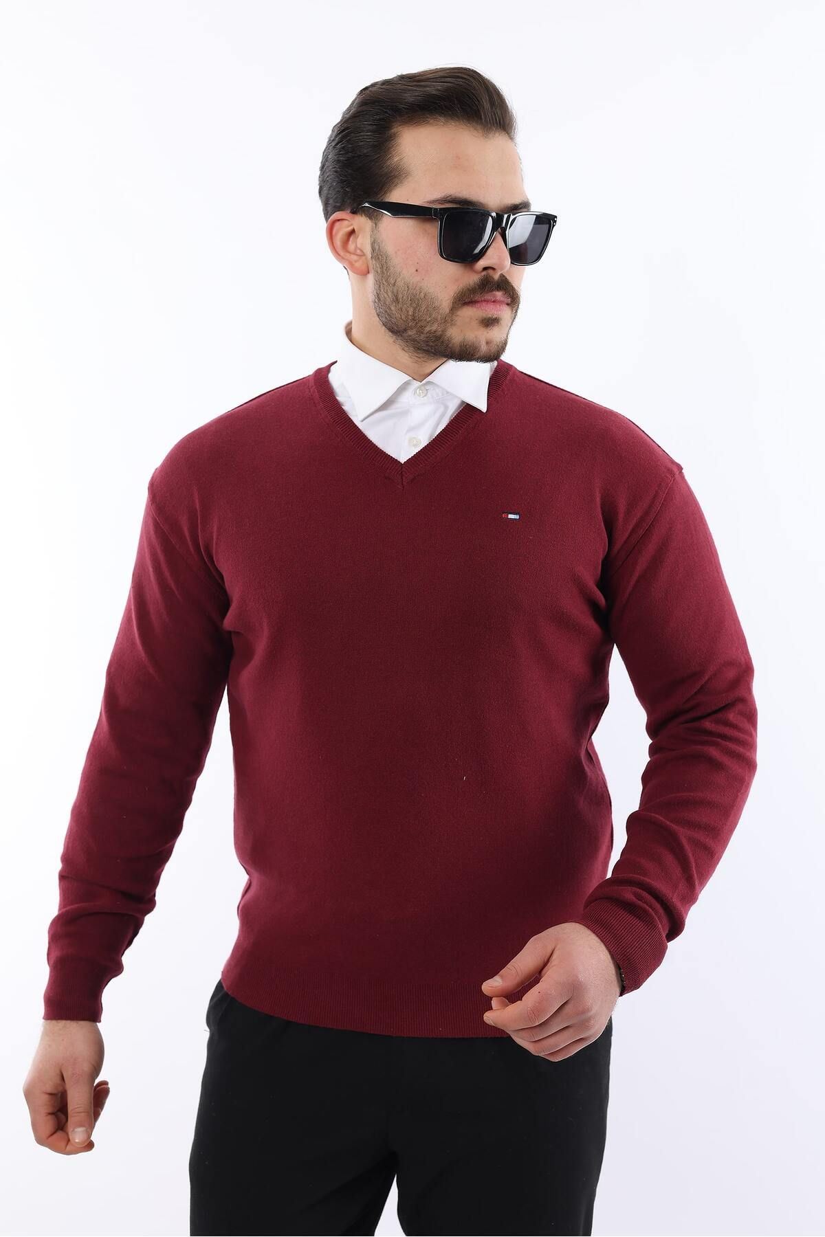 Erkek Trend V Yaka Günlük Bordo Triko Kazak