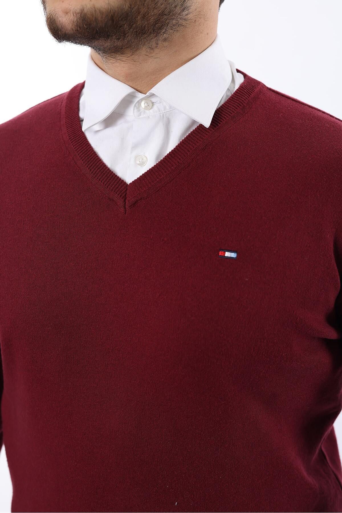 Erkek Trend V Yaka Günlük Bordo Triko Kazak