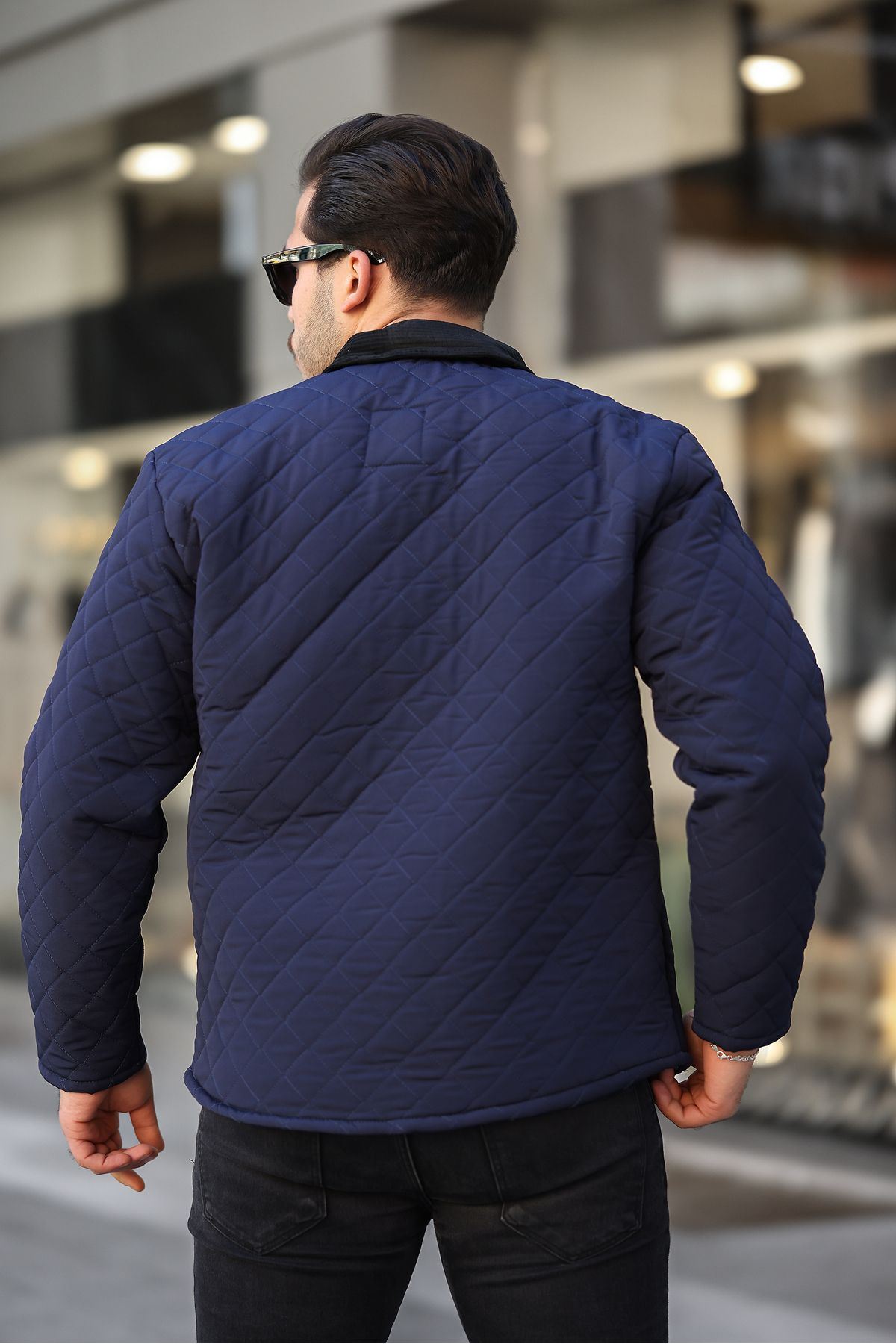 Erkek Kadife Yaka Içi Kürklü Lacivert Kapitone Mont