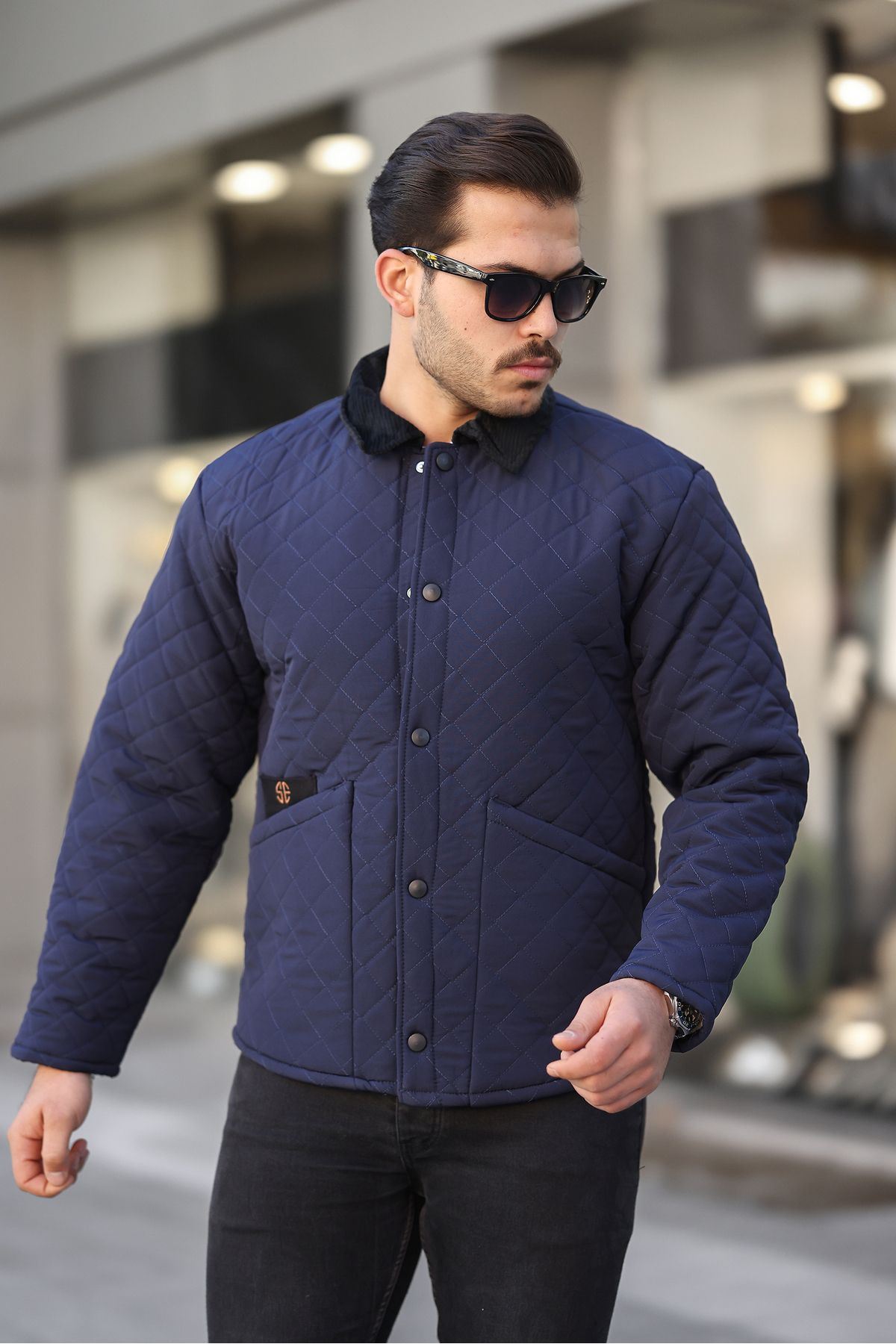 Erkek Kadife Yaka Içi Kürklü Lacivert Kapitone Mont