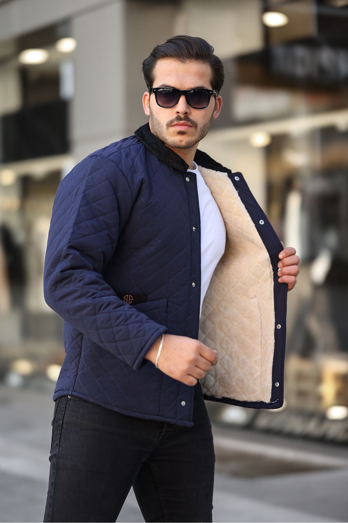 Erkek Kadife Yaka Içi Kürklü Lacivert Kapitone Mont