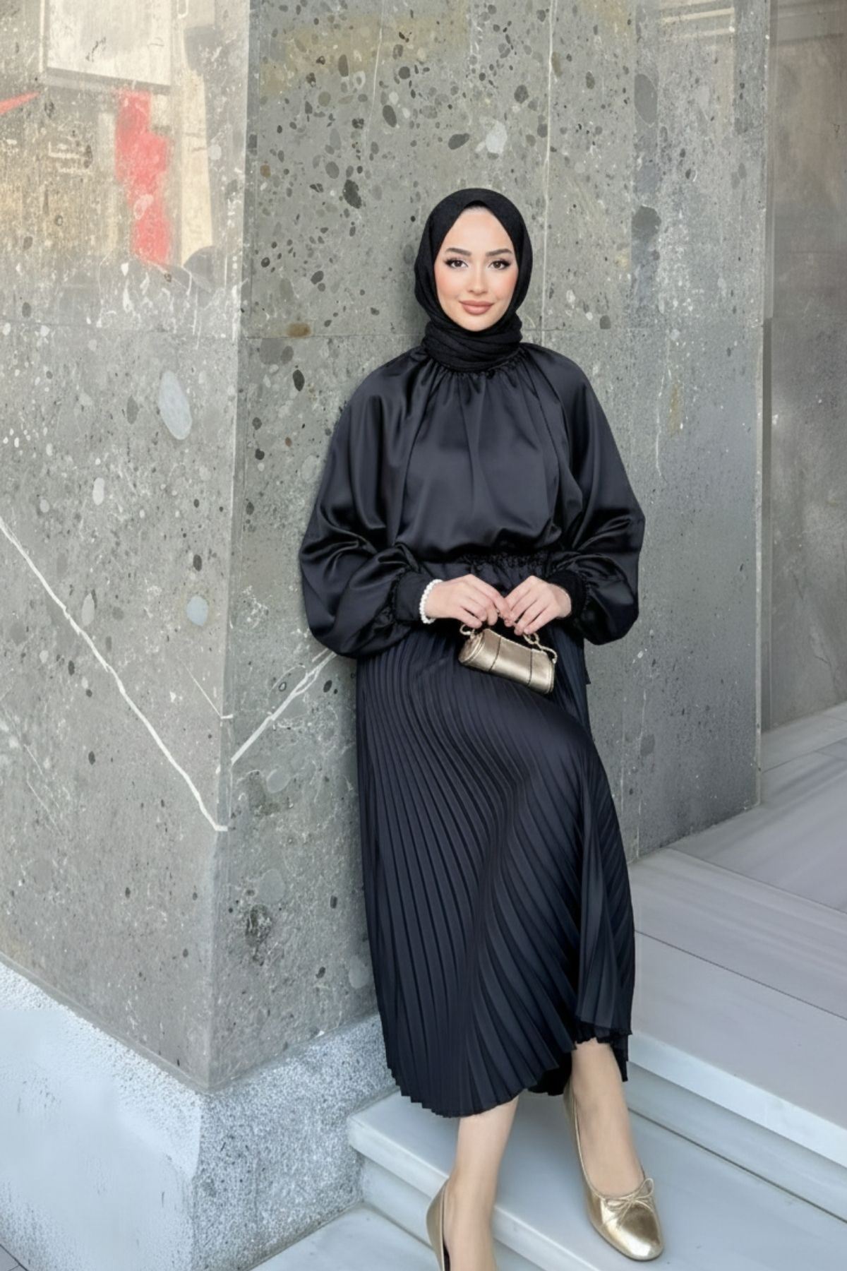 Kadın Şık Piliseli Uzun Etek Siyah