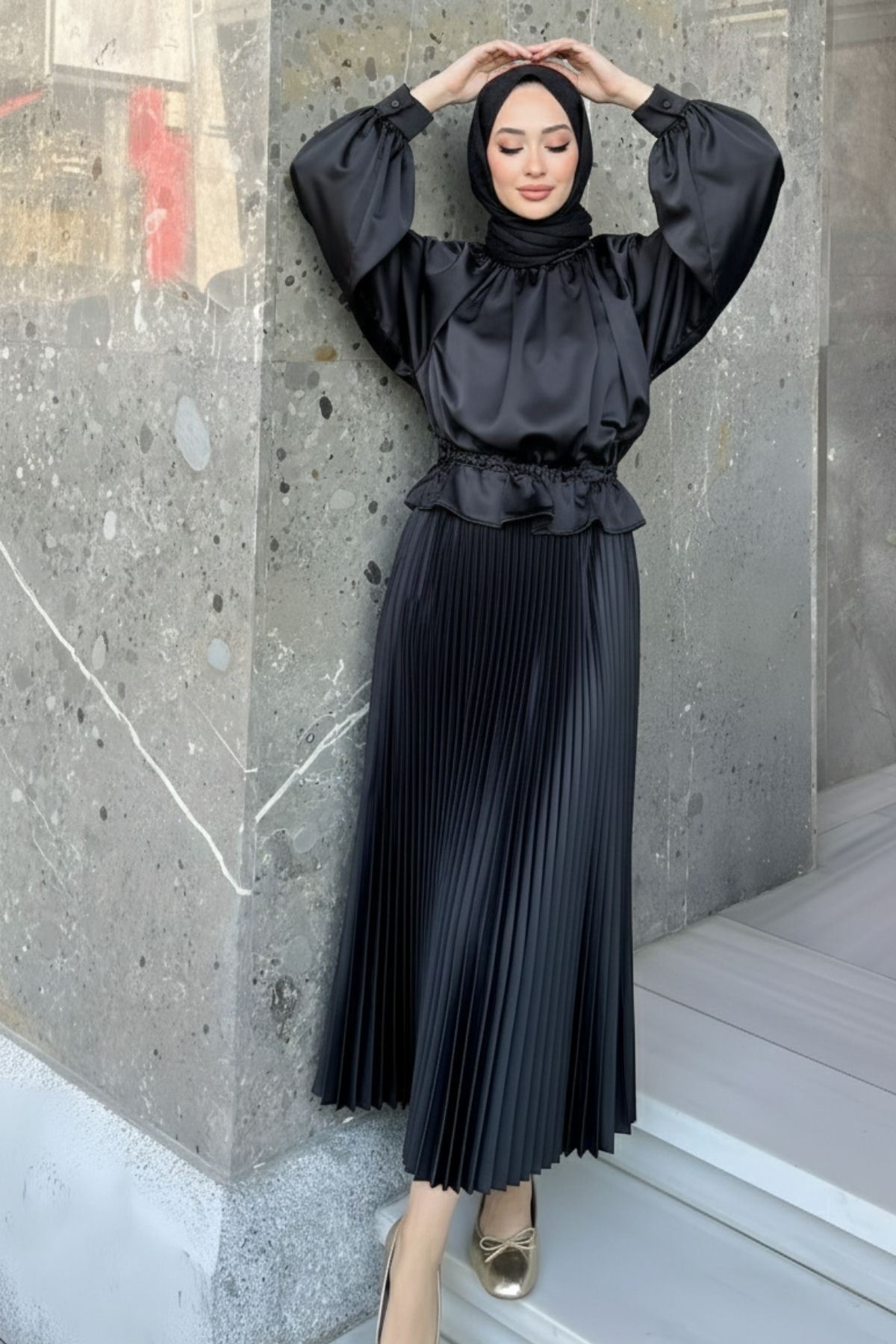 Kadın Şık Piliseli Uzun Etek Siyah