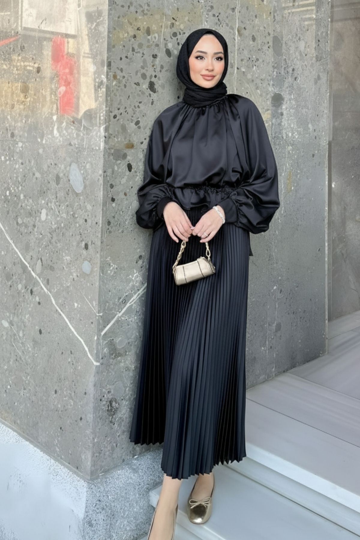 Kadın Şık Piliseli Uzun Etek Siyah