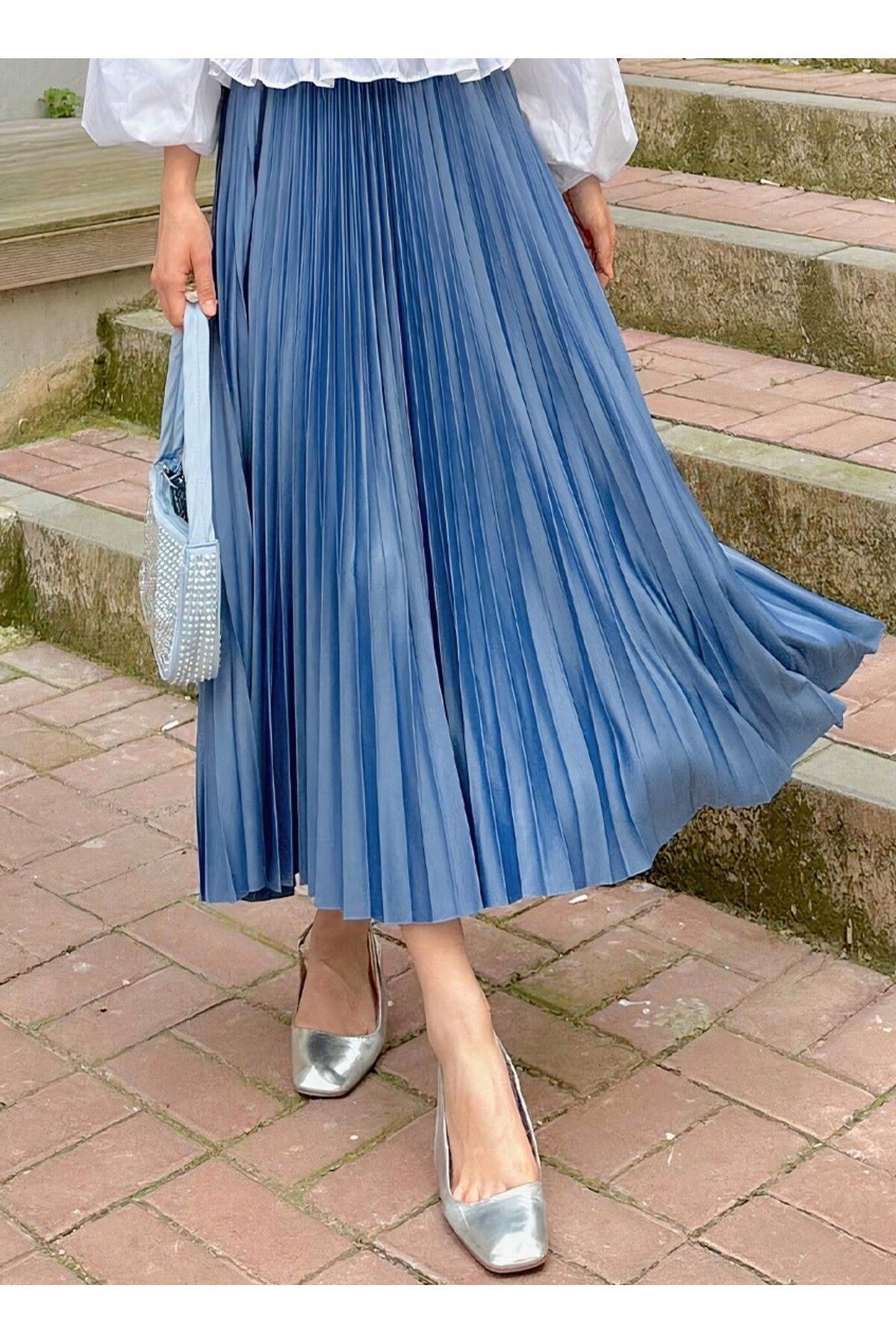 Kadın Şık Piliseli Uzun Etek Mavi