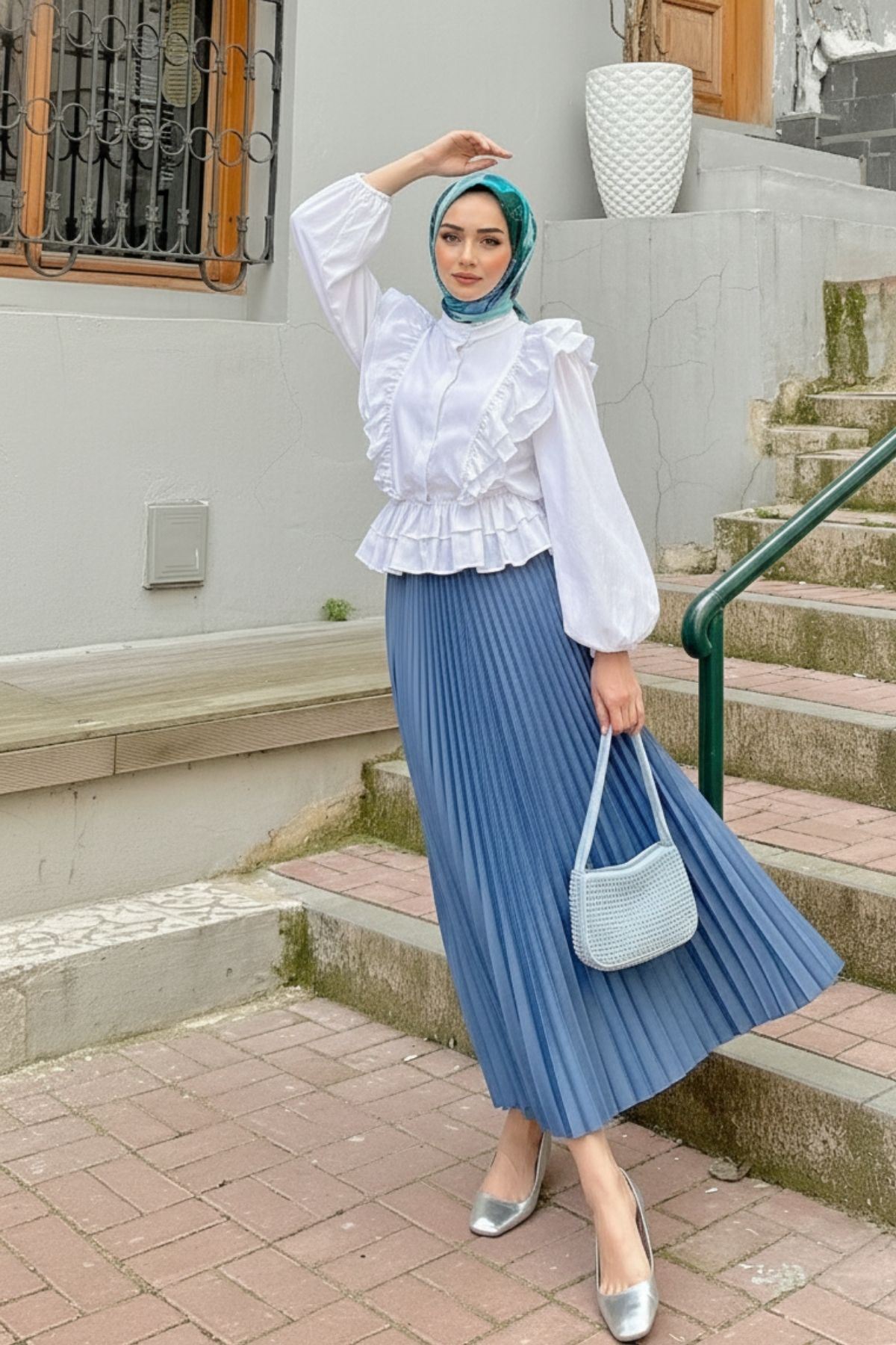 Kadın Şık Piliseli Uzun Etek Mavi