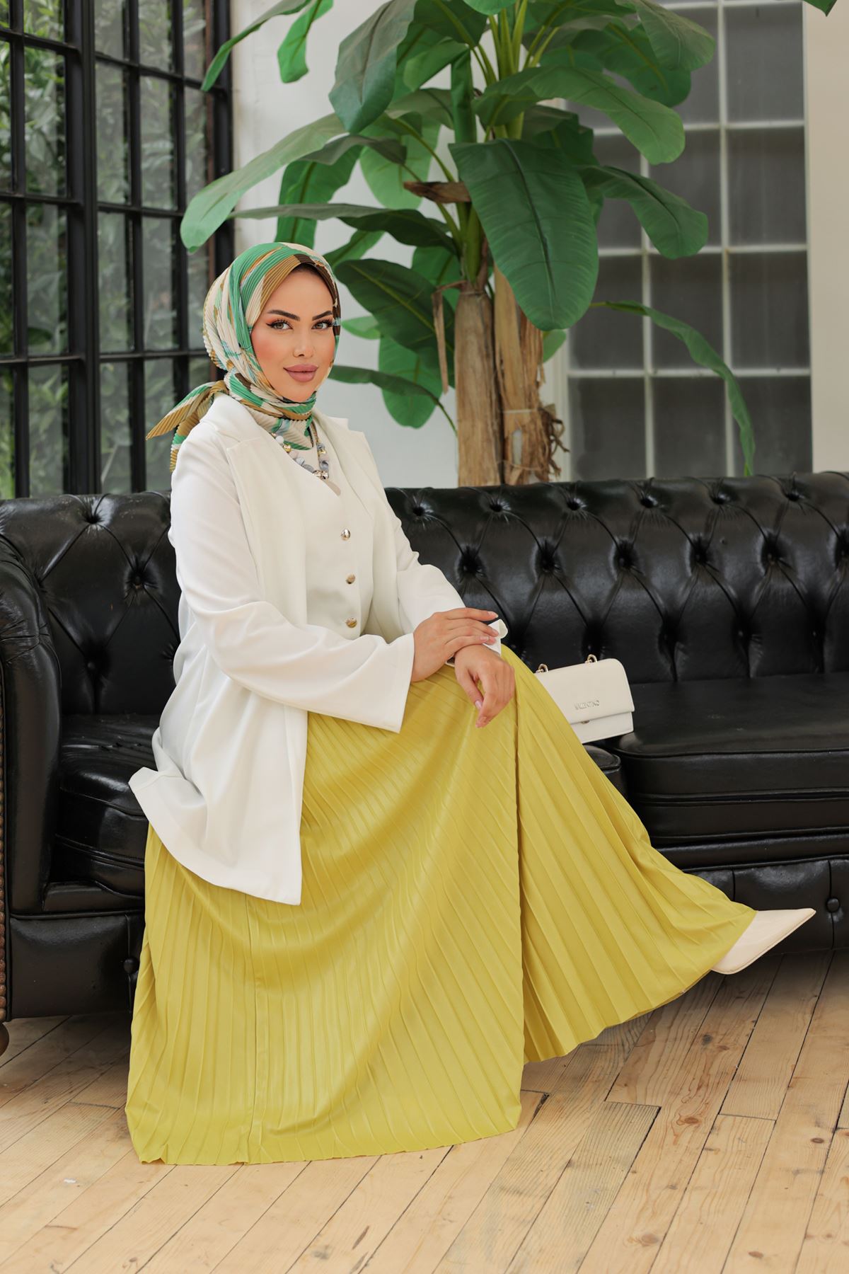 Kadın Basic Yüksek Bel Piliseli Bol FYeşili Uzun Etek