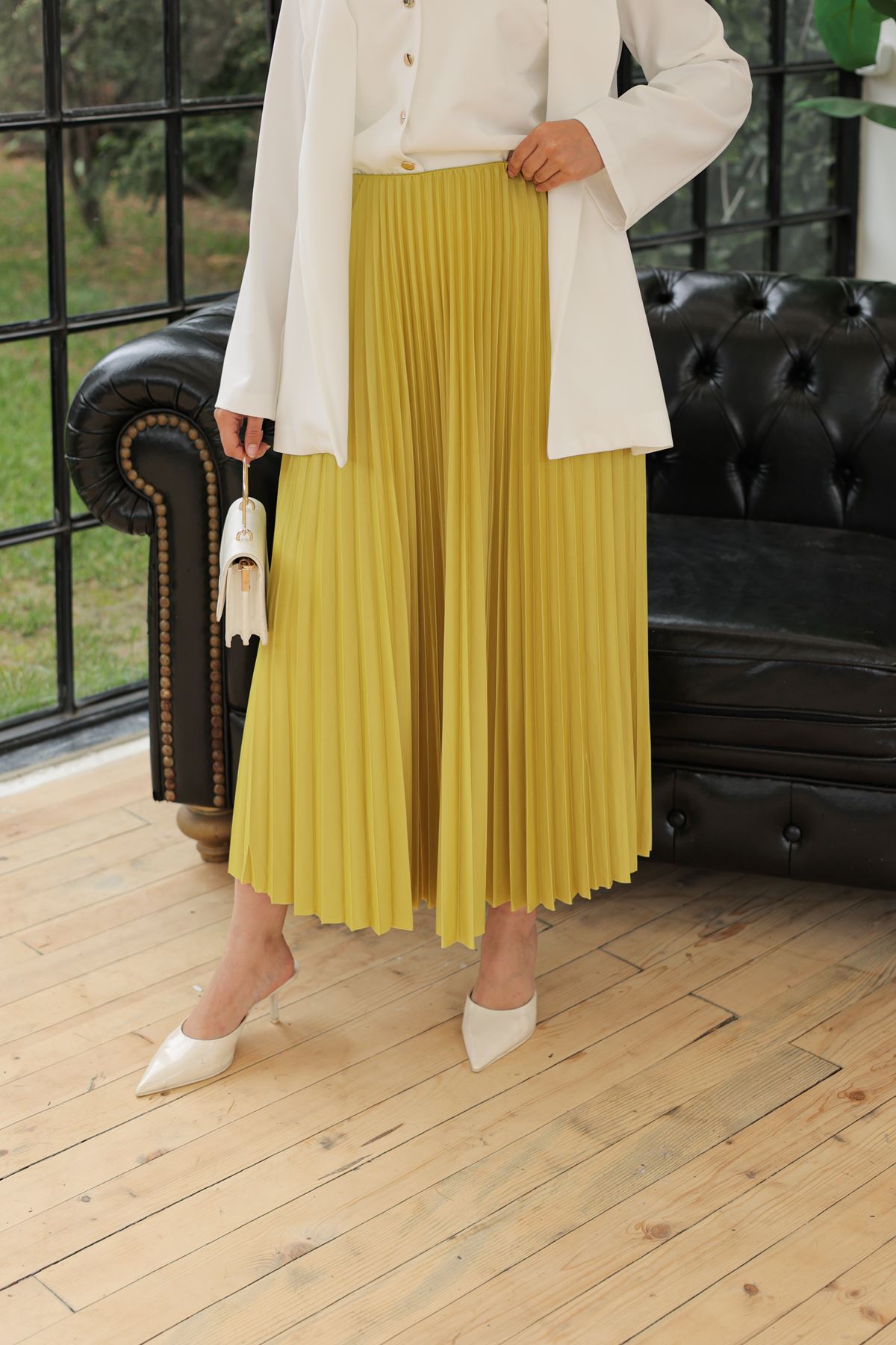 Kadın Basic Yüksek Bel Piliseli Bol FYeşili Uzun Etek