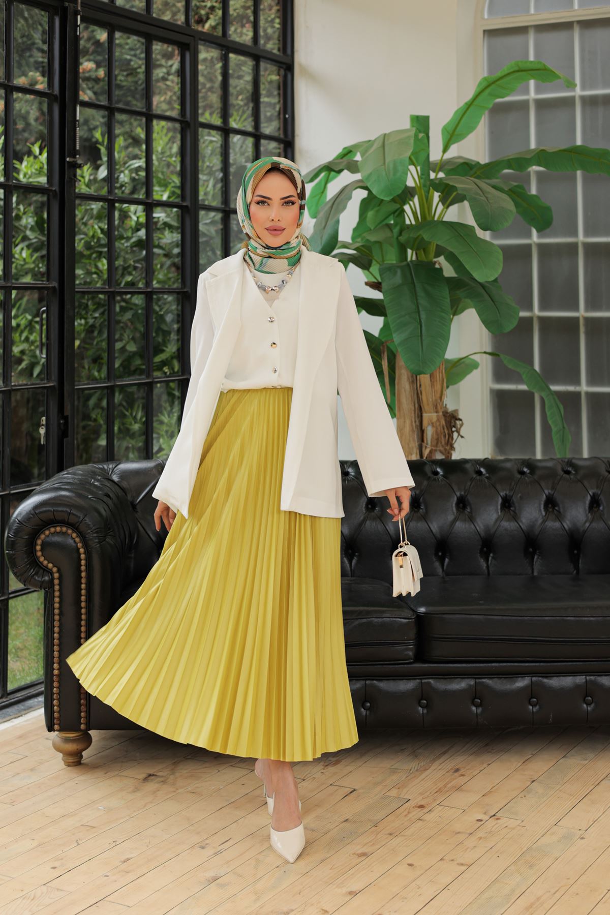 Kadın Basic Yüksek Bel Piliseli Bol FYeşili Uzun Etek