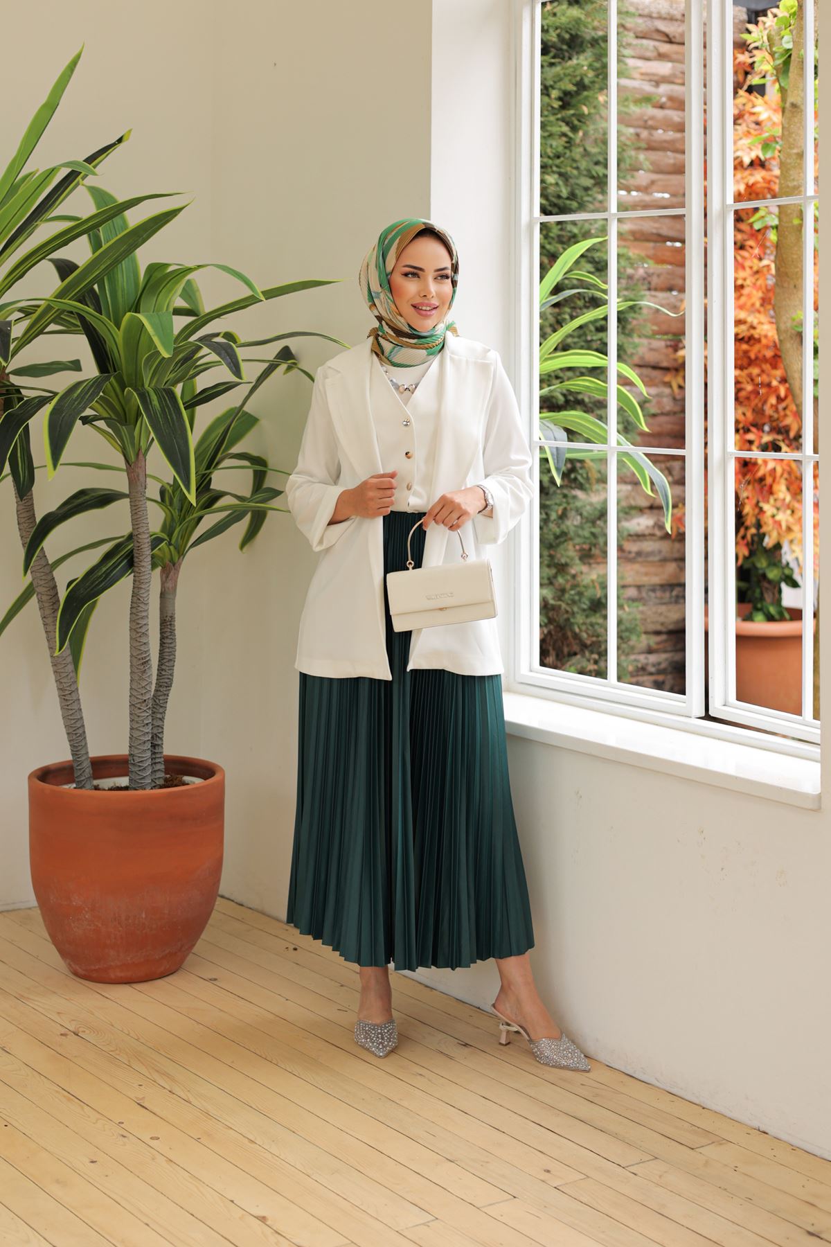 Kadın Basic Yüksek Bel Piliseli Bol Petrol Uzun Etek