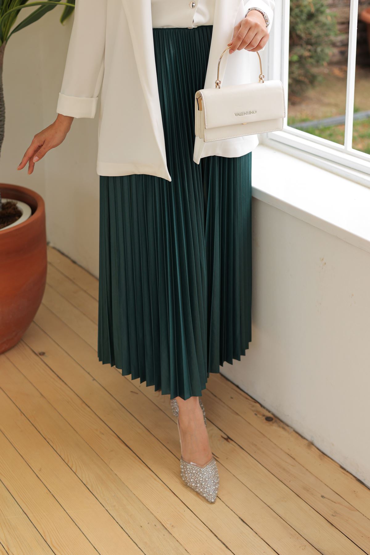 Kadın Basic Yüksek Bel Piliseli Bol Petrol Uzun Etek