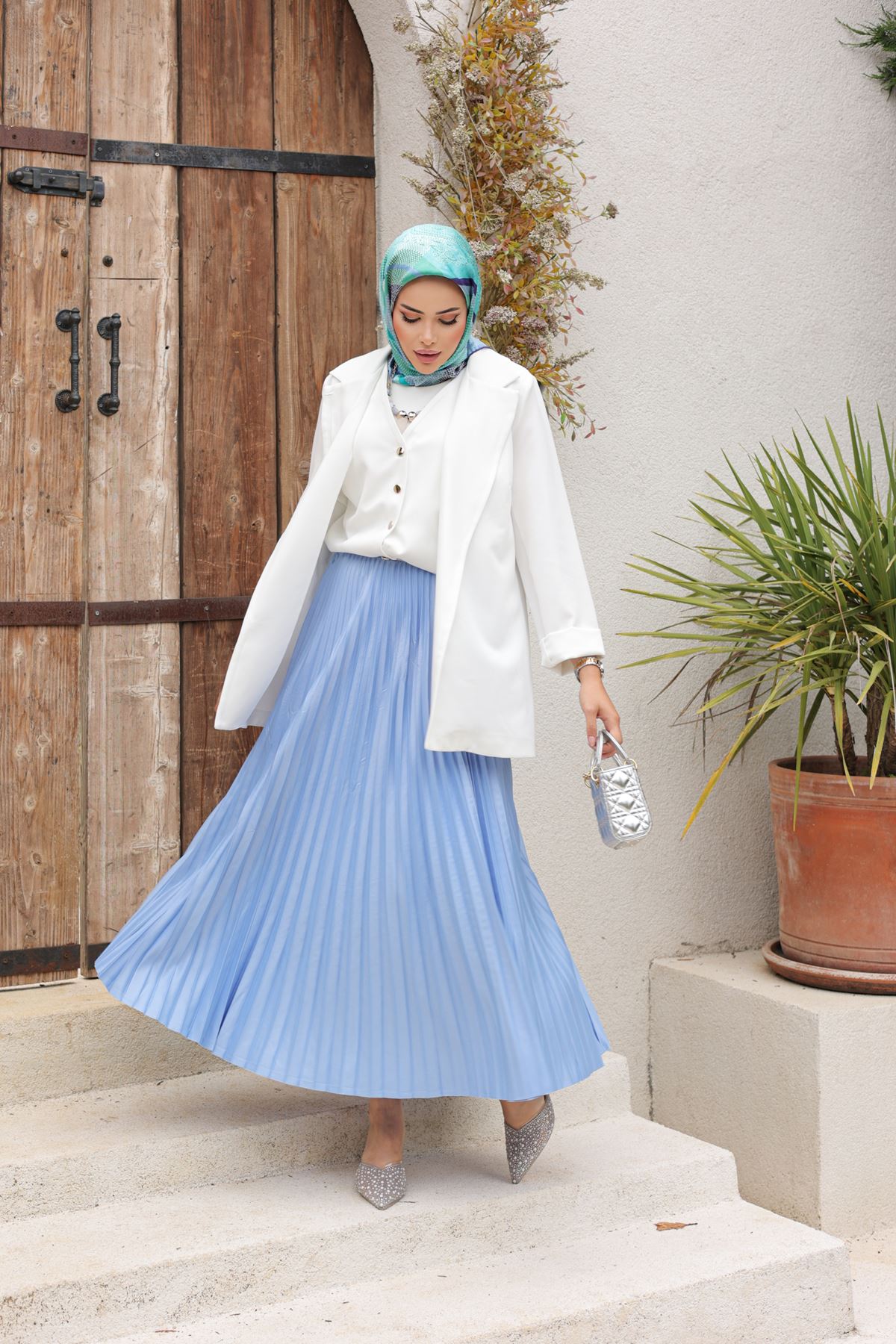 Kadın Basic Yüksek Bel Piliseli Bol BMavi Uzun Etek