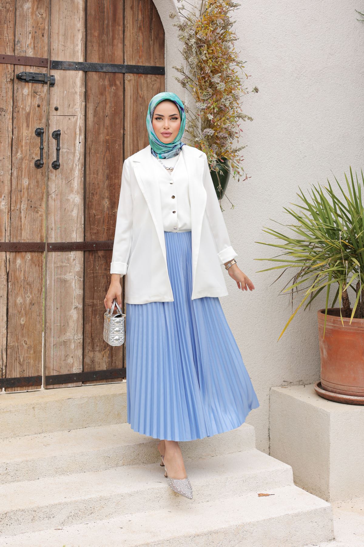 Kadın Basic Yüksek Bel Piliseli Bol BMavi Uzun Etek