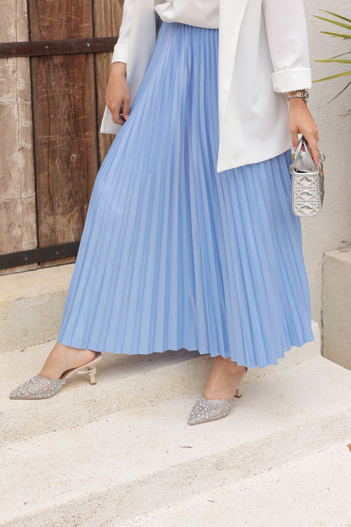 Kadın Basic Yüksek Bel Piliseli Bol BMavi Uzun Etek