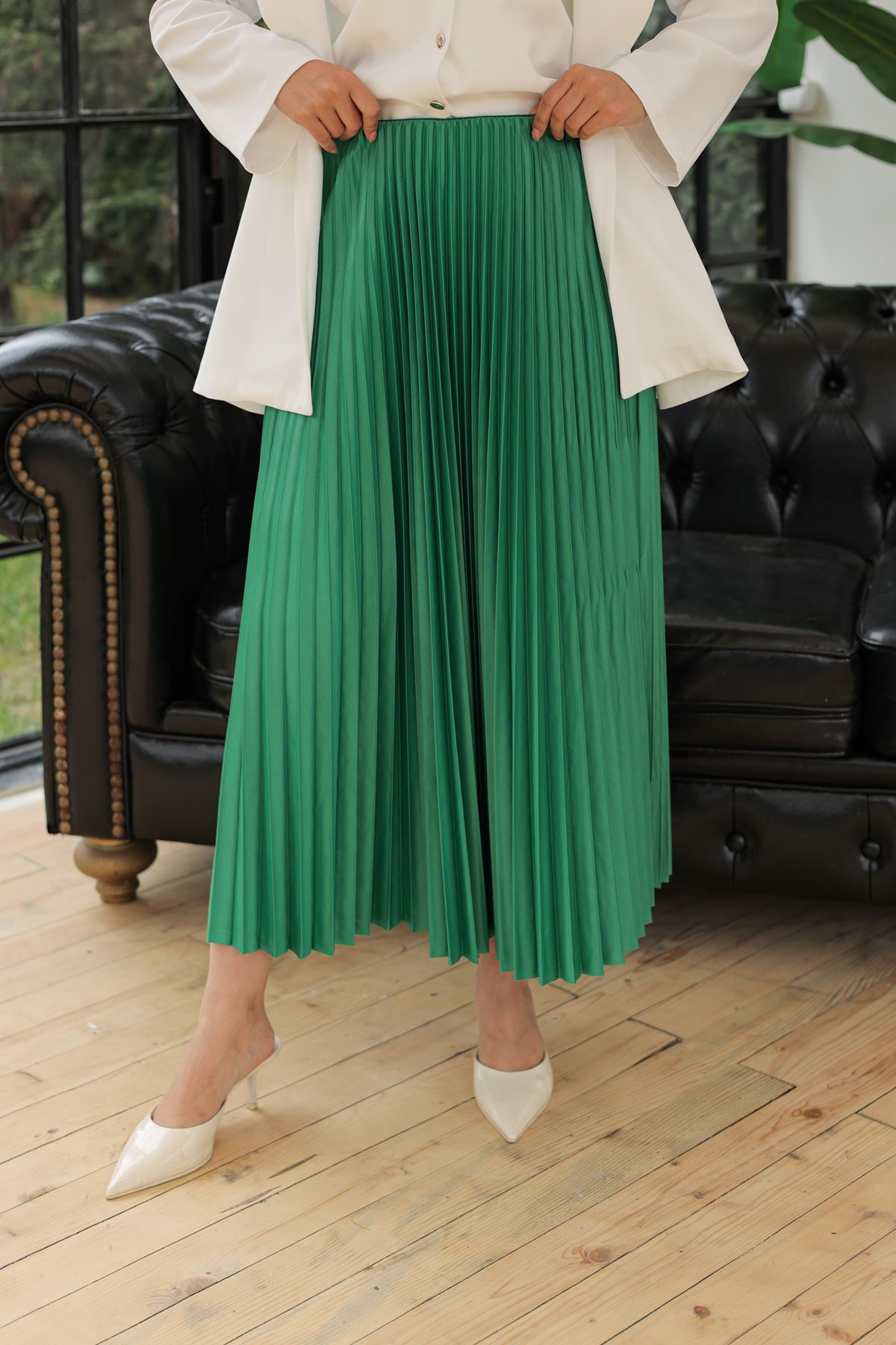 Kadın Basic Yüksek Bel Piliseli Bol Zümrüt Uzun Etek