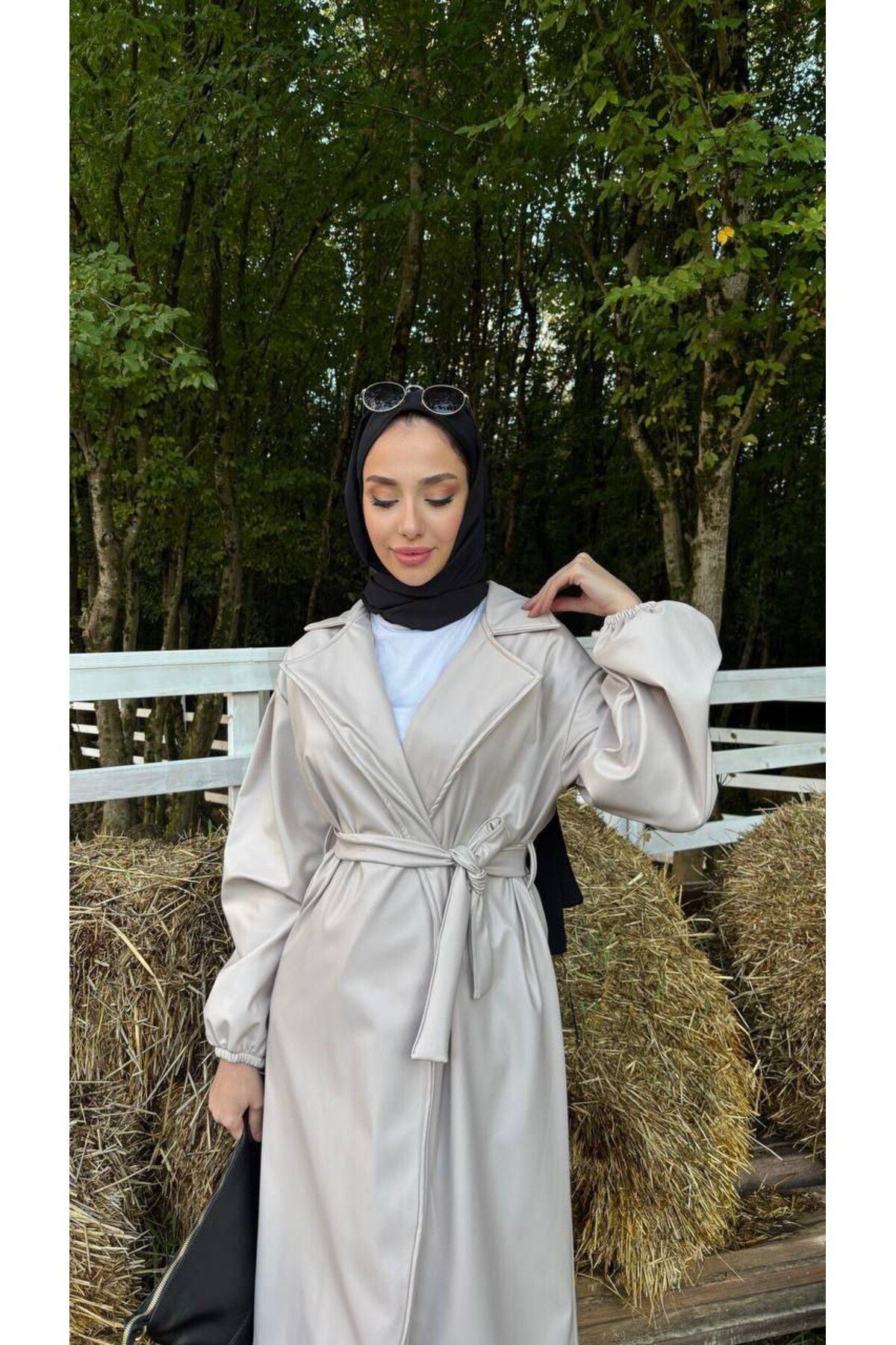 Kadın Belden Bağlamalı Balon Kol Deri Trenç