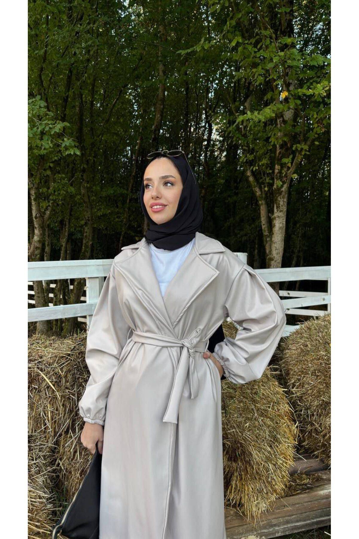 Kadın Belden Bağlamalı Balon Kol Deri Trenç