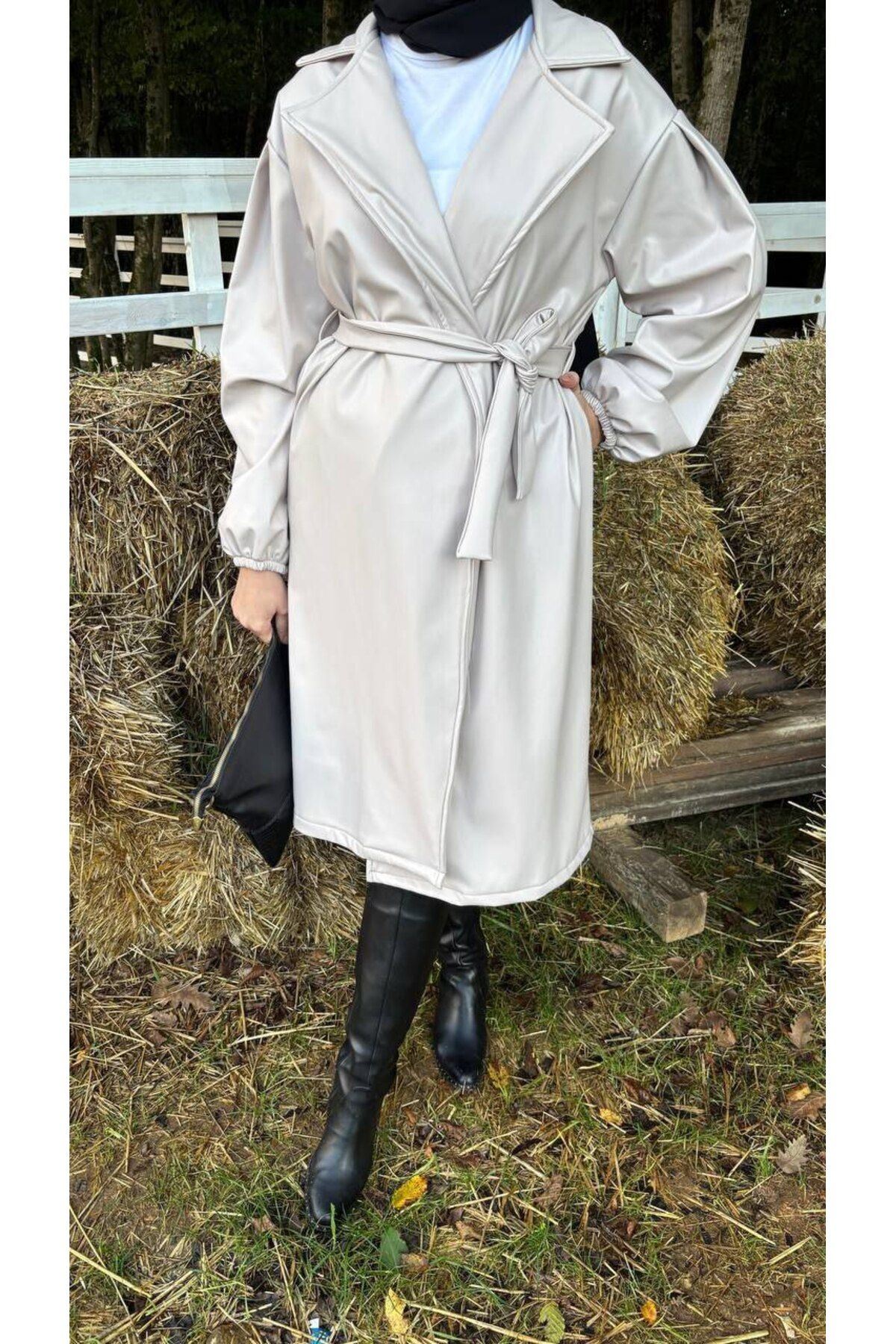 Kadın Belden Bağlamalı Balon Kol Deri Trenç