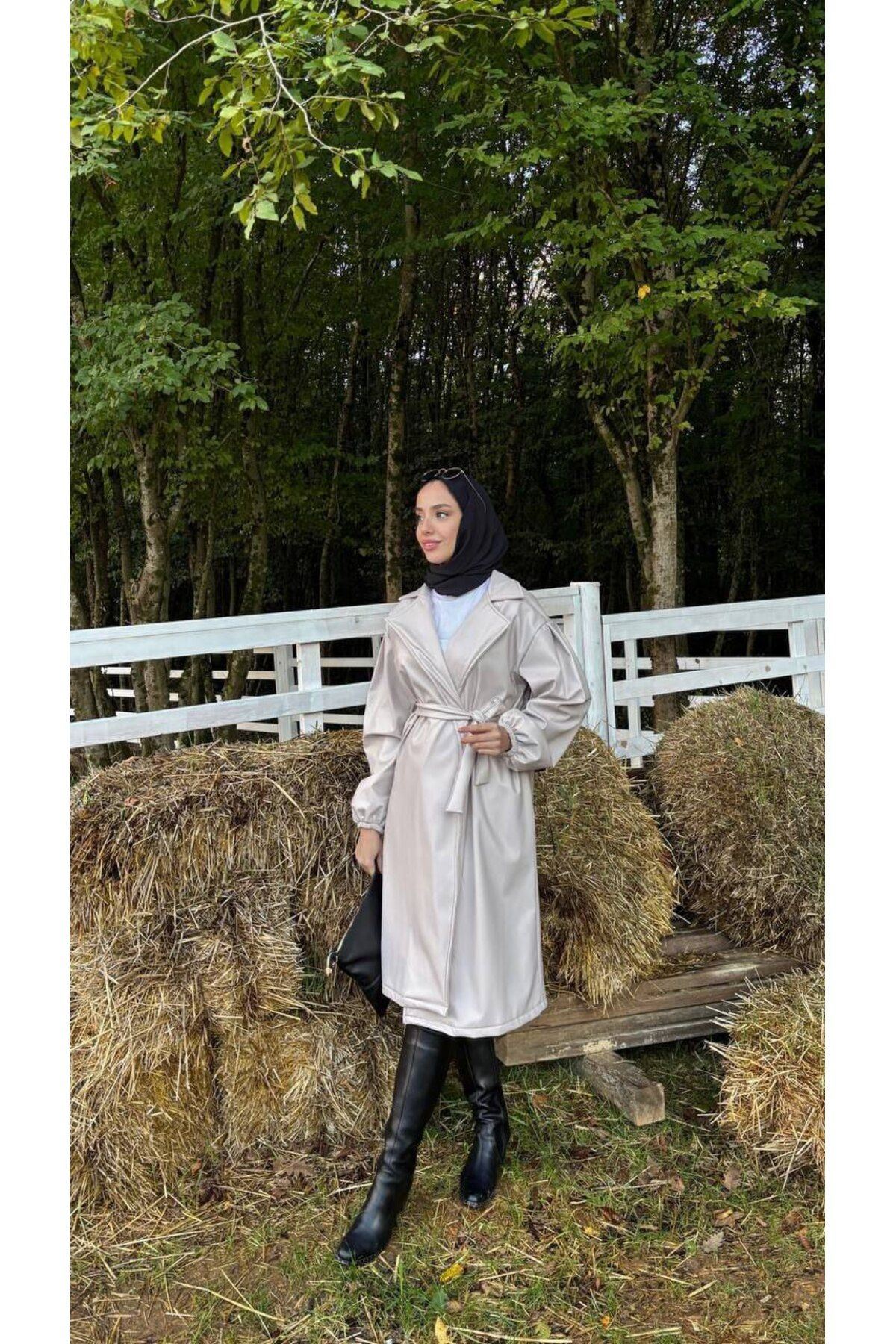 Kadın Belden Bağlamalı Balon Kol Deri Trenç