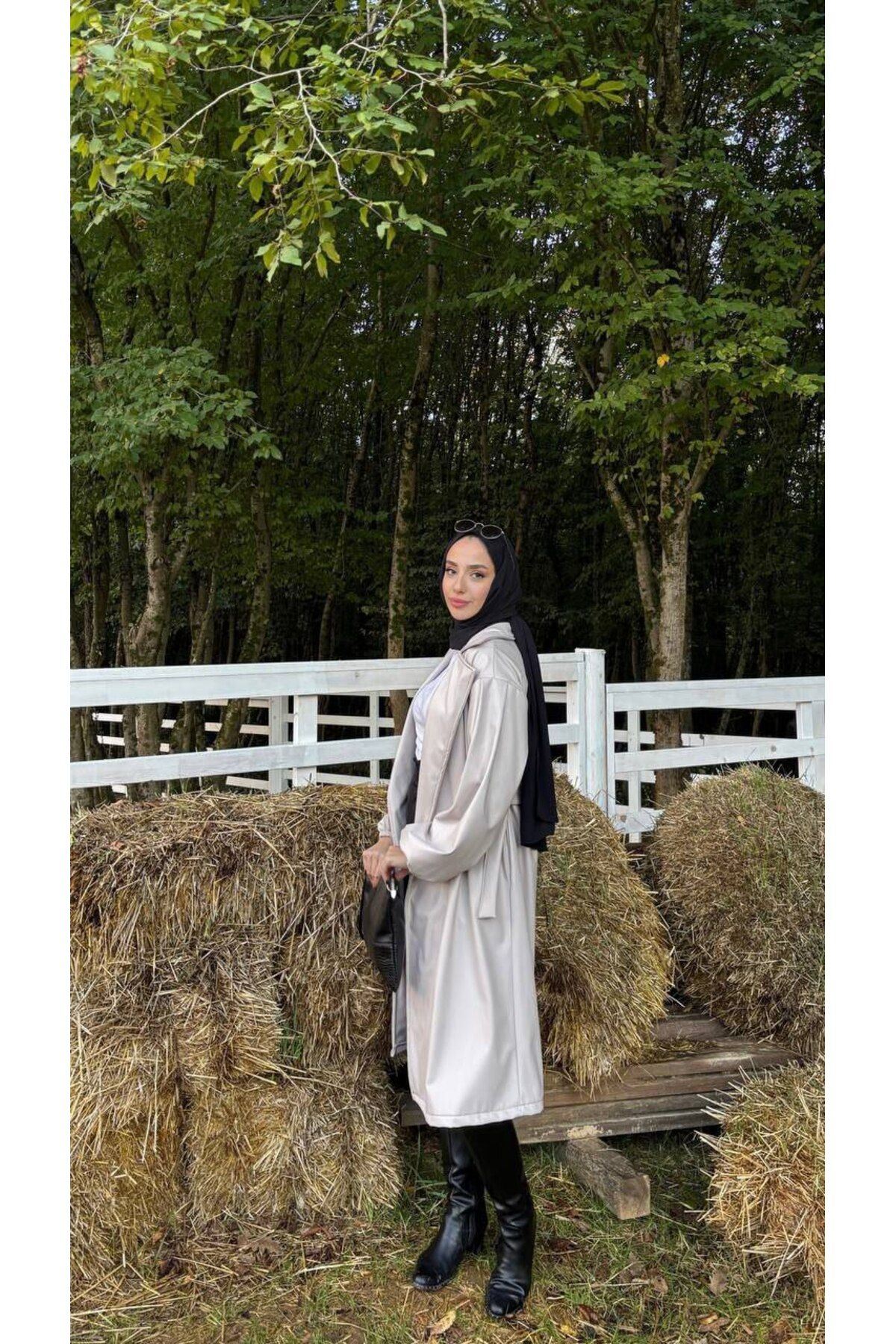 Kadın Belden Bağlamalı Balon Kol Deri Trenç