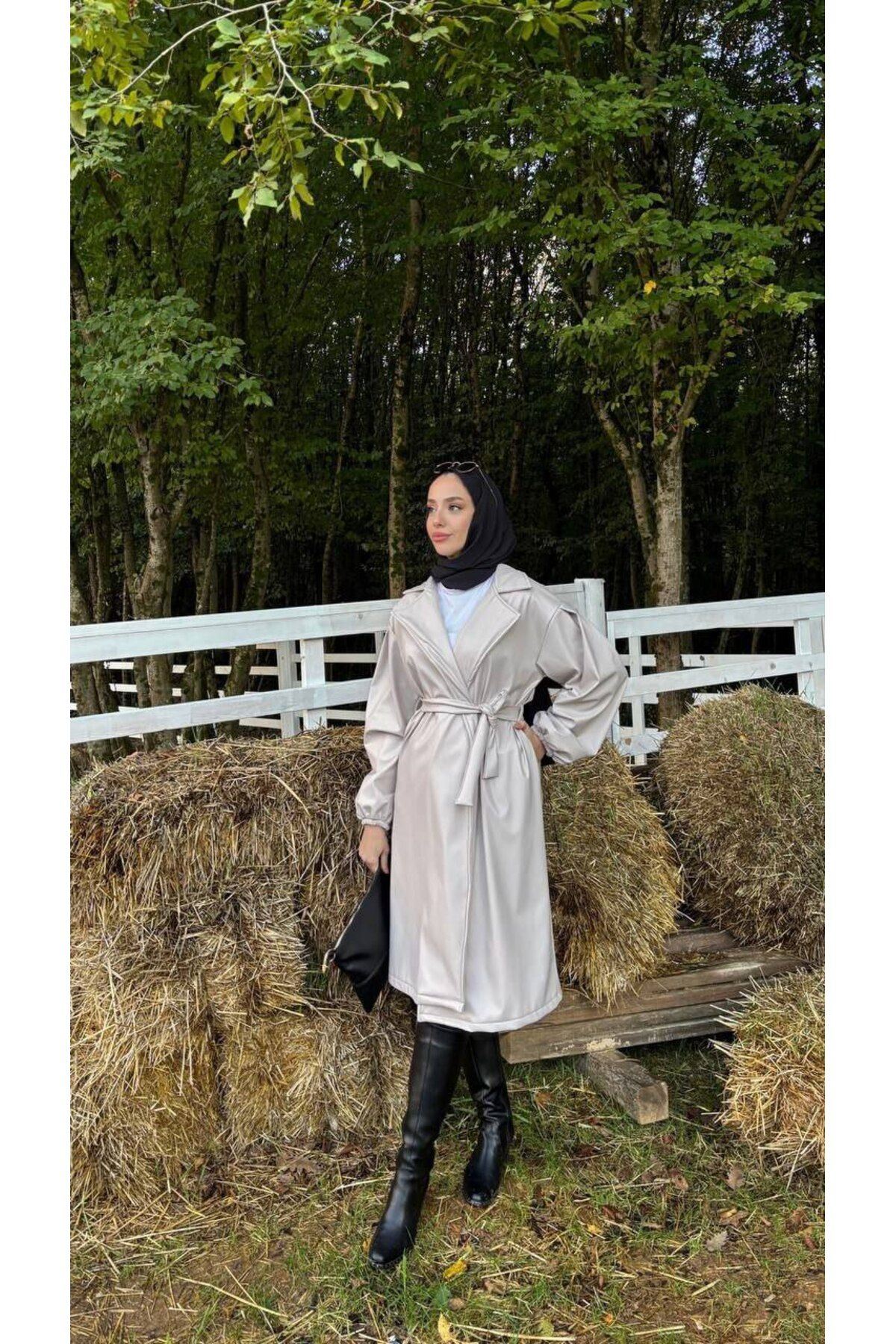 Kadın Belden Bağlamalı Balon Kol Deri Trenç