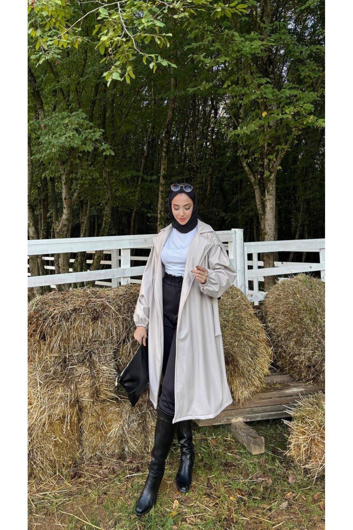 Kadın Belden Bağlamalı Balon Kol Deri Trenç