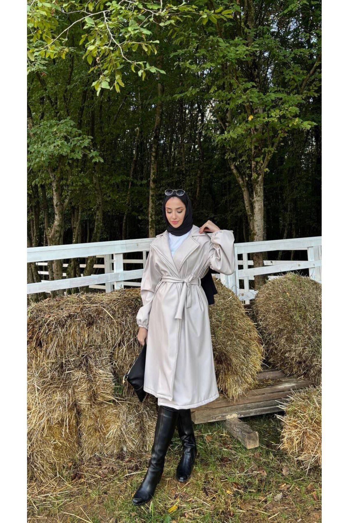 Kadın Belden Bağlamalı Balon Kol Deri Trenç