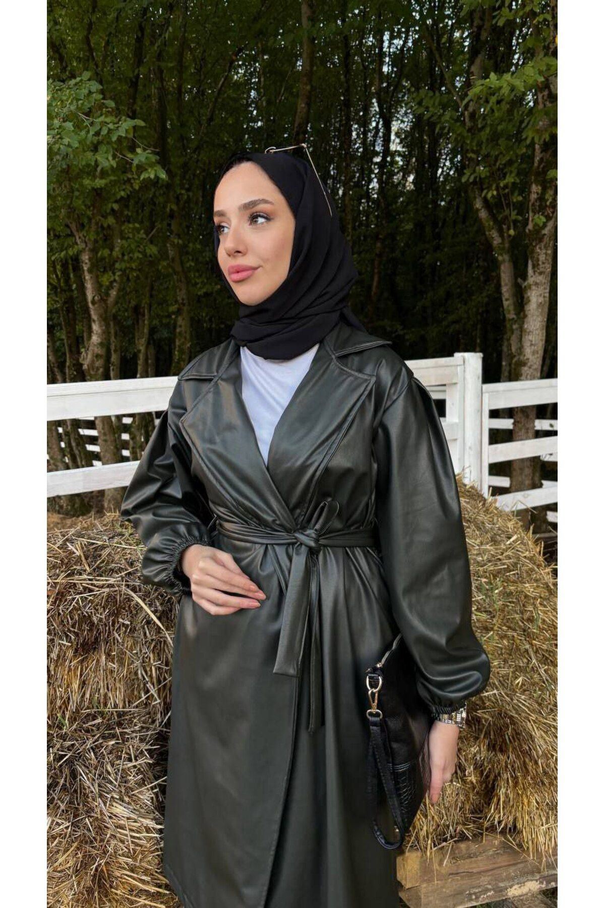 Kadın Belden Bağlamalı Balon Kol Deri Trenç