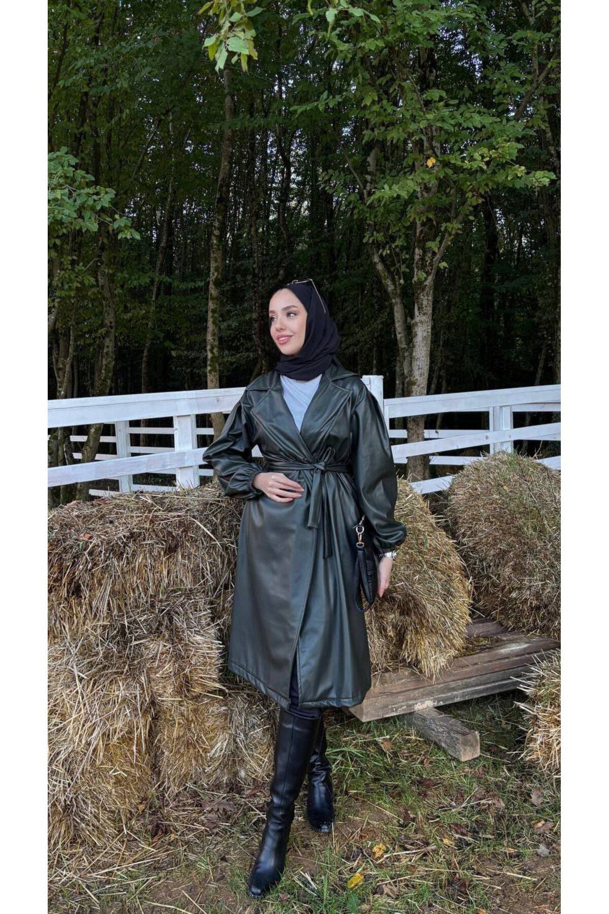 Kadın Belden Bağlamalı Balon Kol Deri Trenç