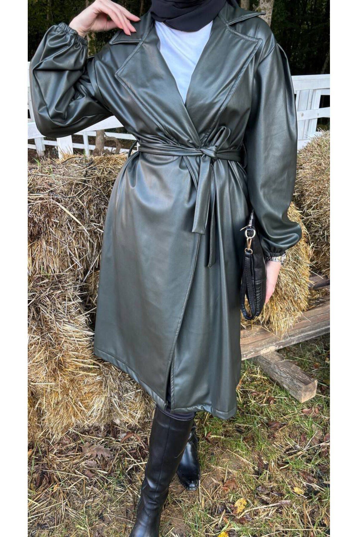 Kadın Belden Bağlamalı Balon Kol Deri Trenç