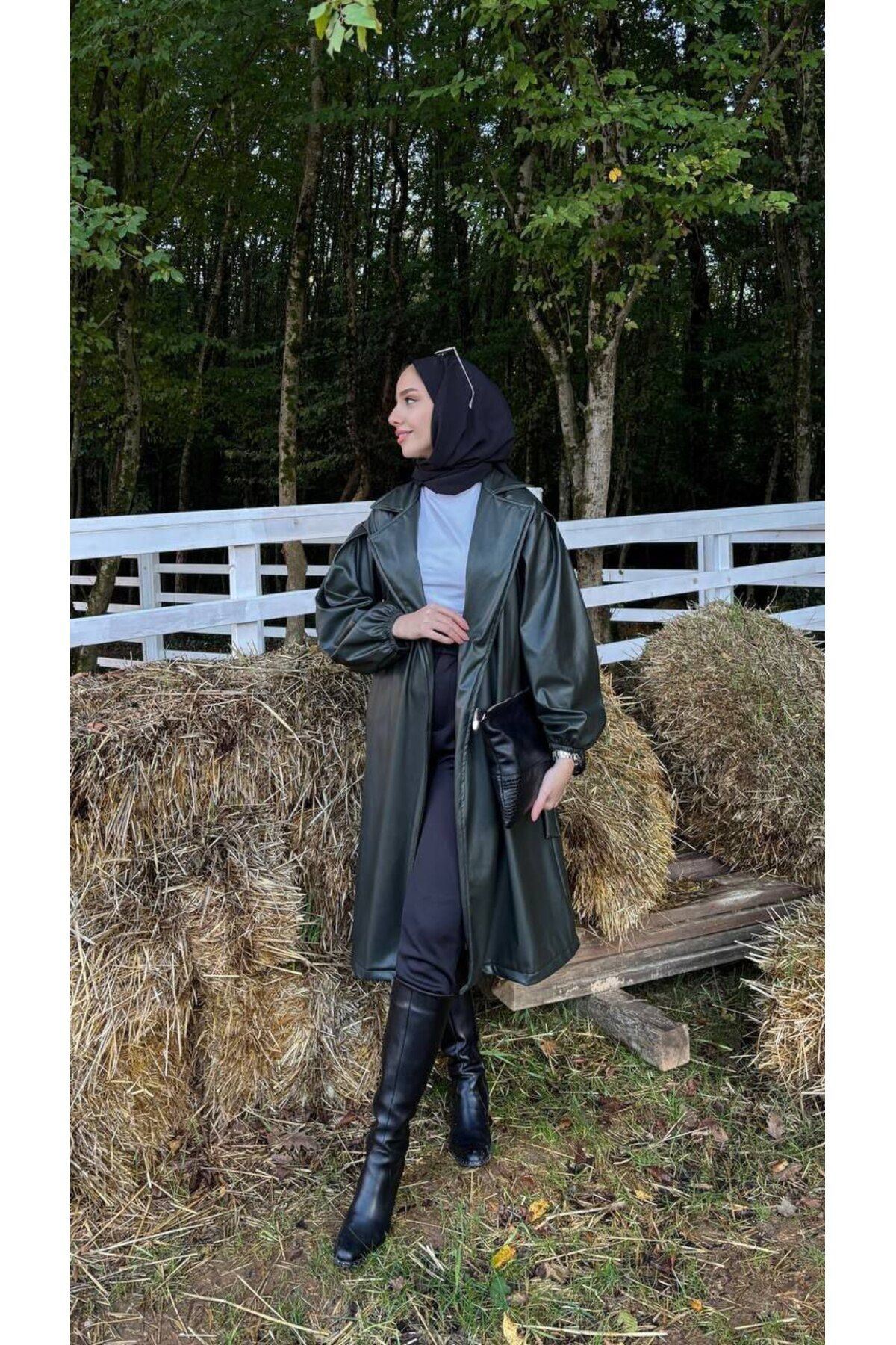 Kadın Belden Bağlamalı Balon Kol Deri Trenç