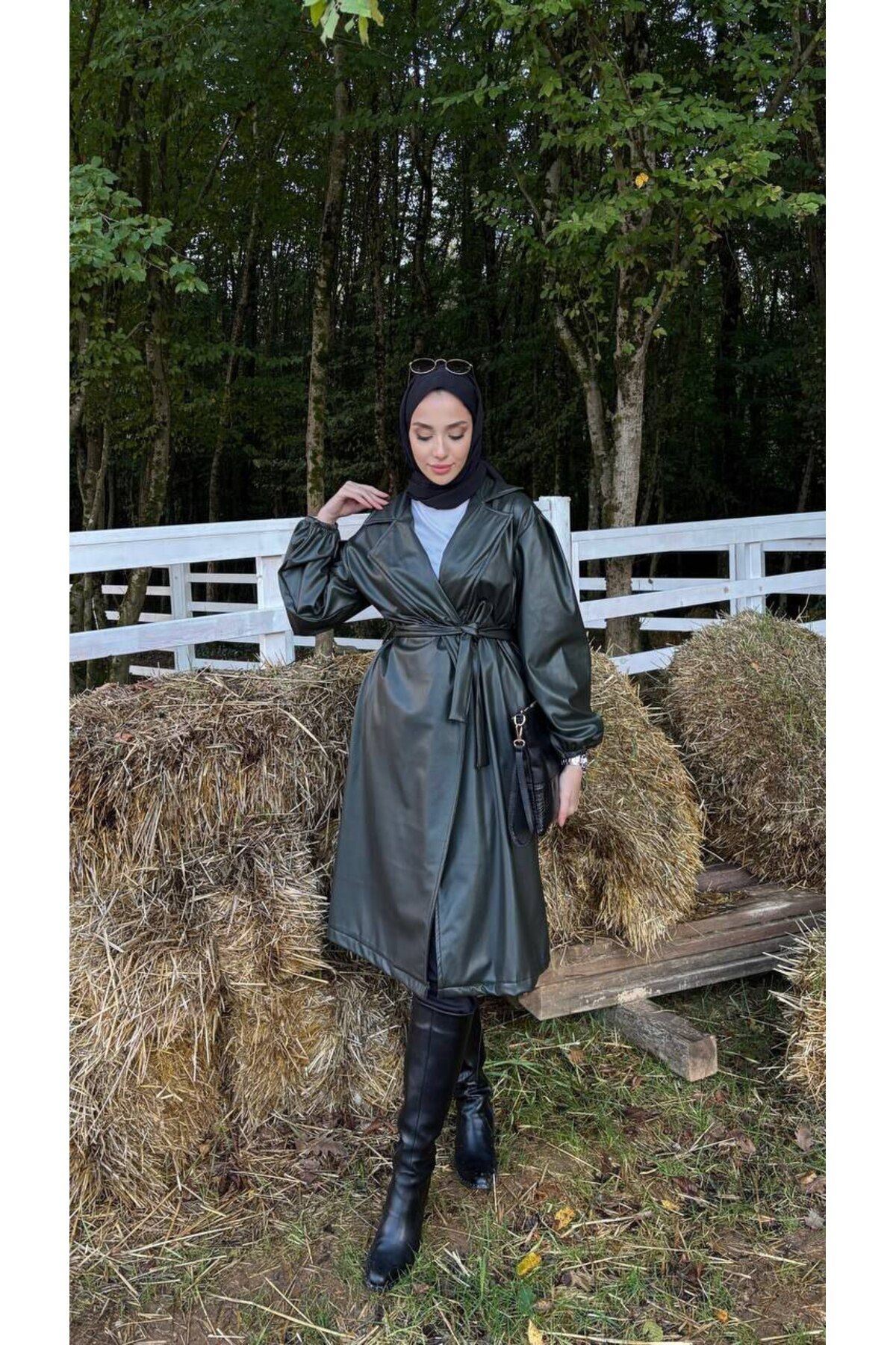 Kadın Belden Bağlamalı Balon Kol Deri Trenç